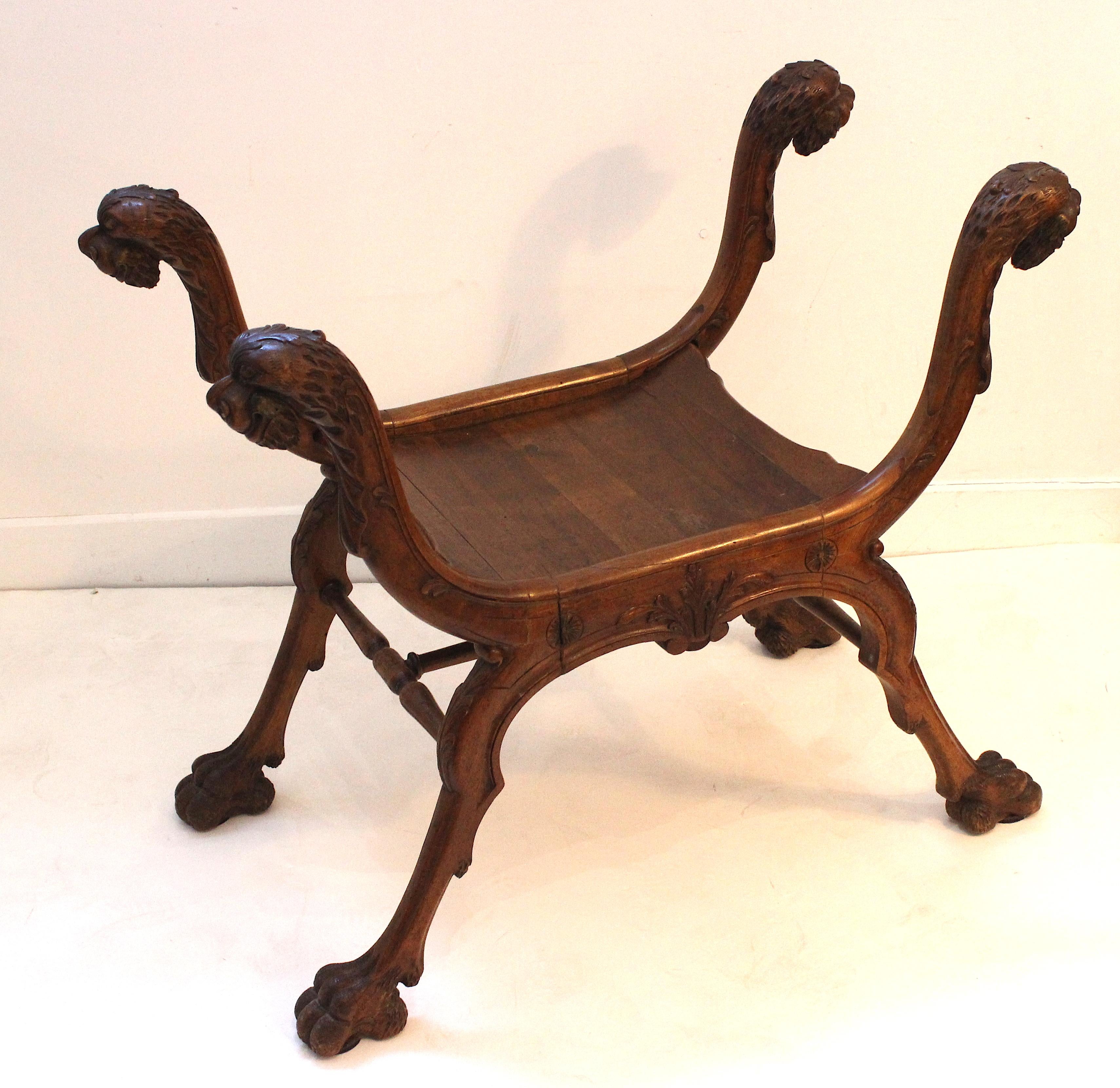 Hand-Carved Italian Renaissance Style Lion-Head Curule Bench  For Sale