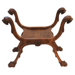 Vintage Italian Renaissance Style Lion-Head Curule Bench 