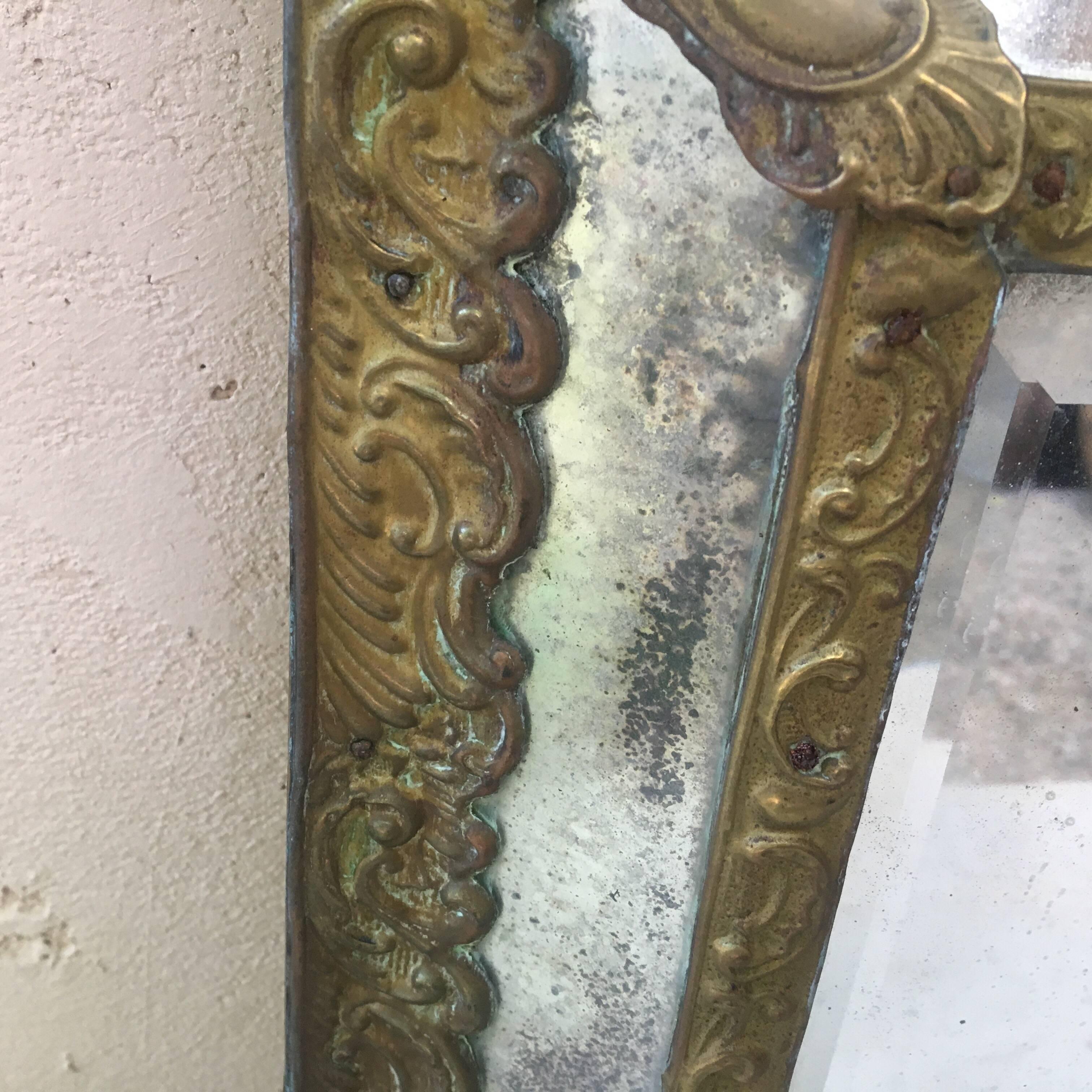 Baroque French Repousse Brass Parecloses Mirror, circa 1880
