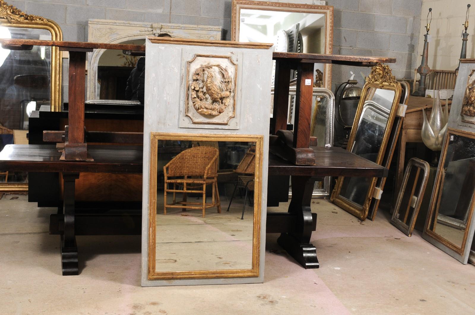 French Repurposed and Painted Old Wood Trumeau Mirror with Hunting Trophies 15