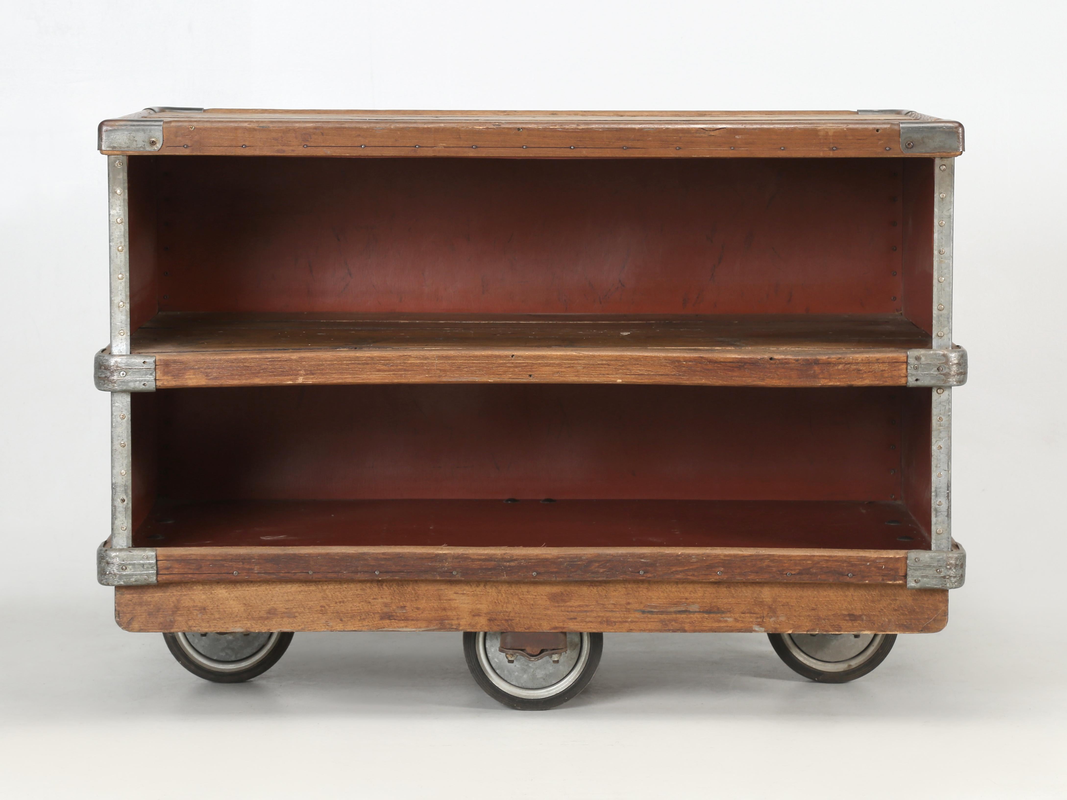 This is Old Plank's idea of a repurposed original French Suroy Industrial Mobile Storage Unit, converted into a more practical Bar Cart. By 1853 the industrial textile revolution arrived in Loos, France with the creation of the Esquermes factory. We