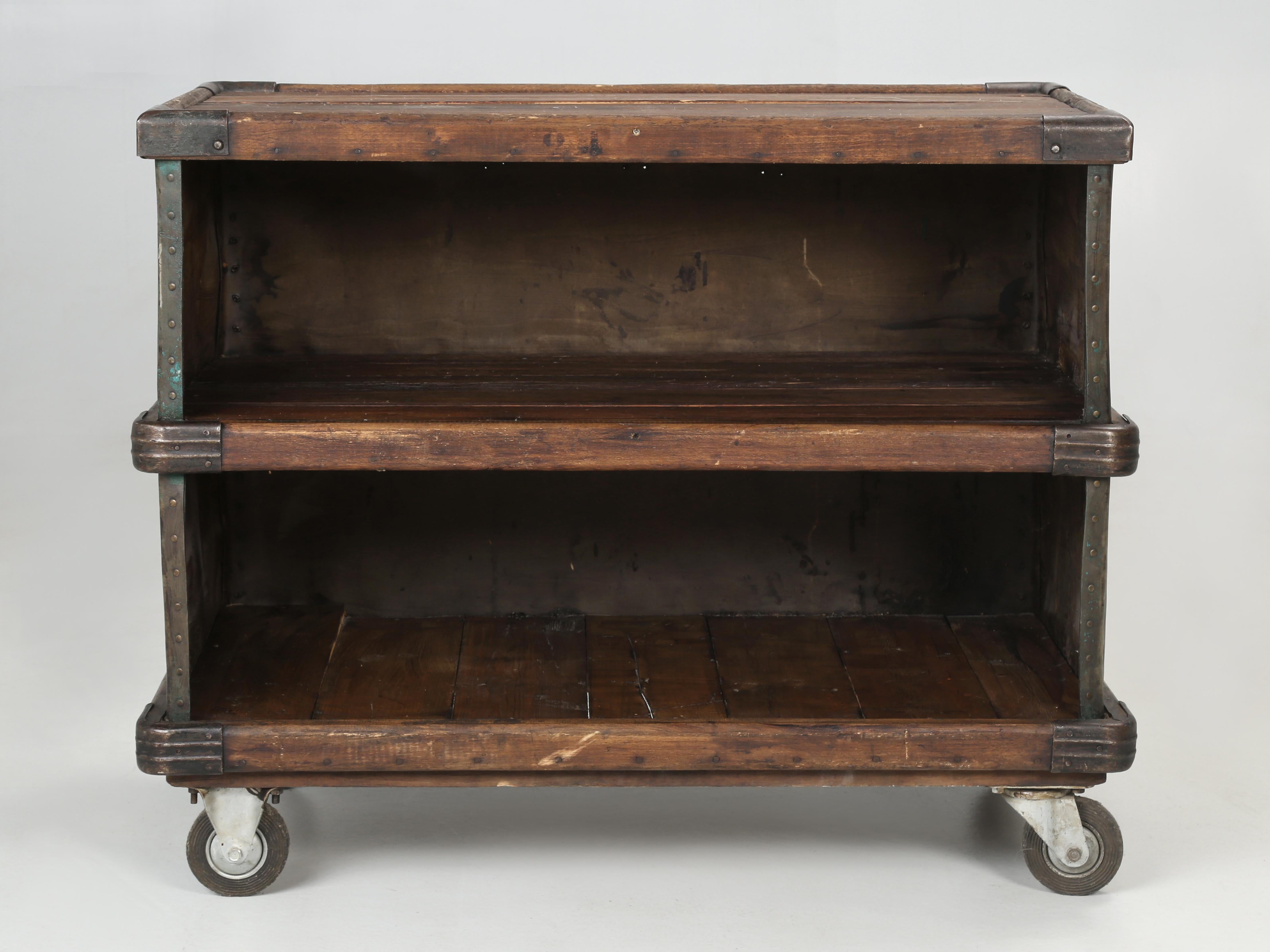 This is Old Plank's idea of a repurposed original French Suroy Industrial mobile storage unit, converted into a more practical Bar Cart. By 1853 the industrial textile revolution arrived in Loos, France with the creation of the Esquermes factory. We
