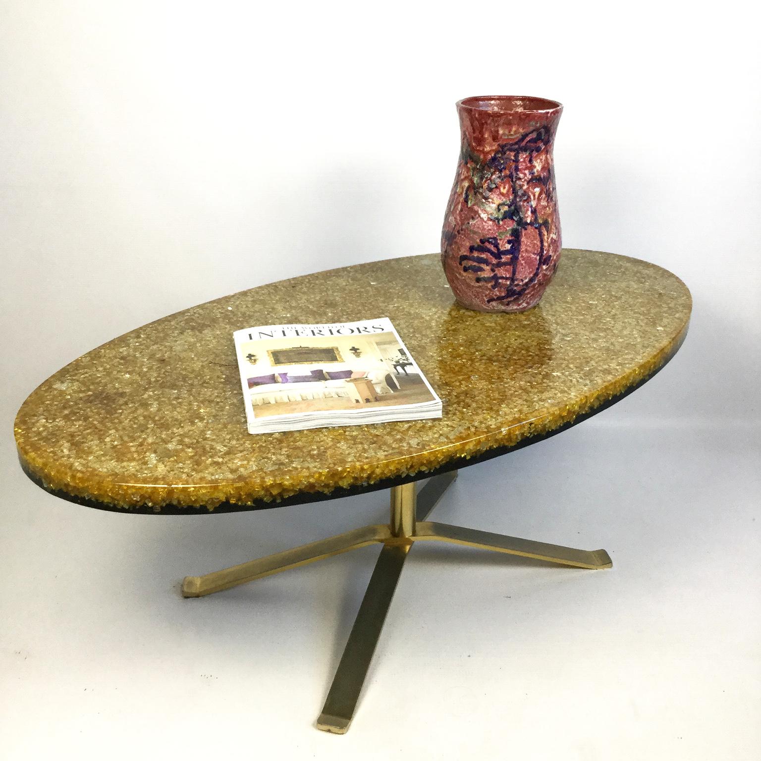 Brass French Resin and Glass Gold Coffee Table by Pierre Giraudon, 1970s