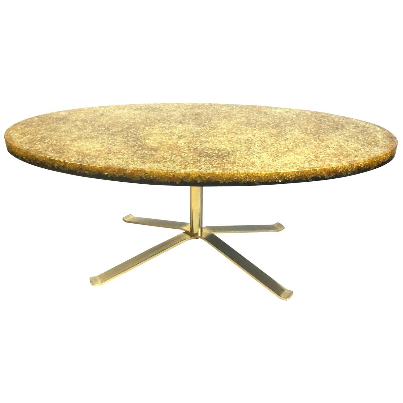 French Resin and Glass Gold Coffee Table by Pierre Giraudon, 1970s