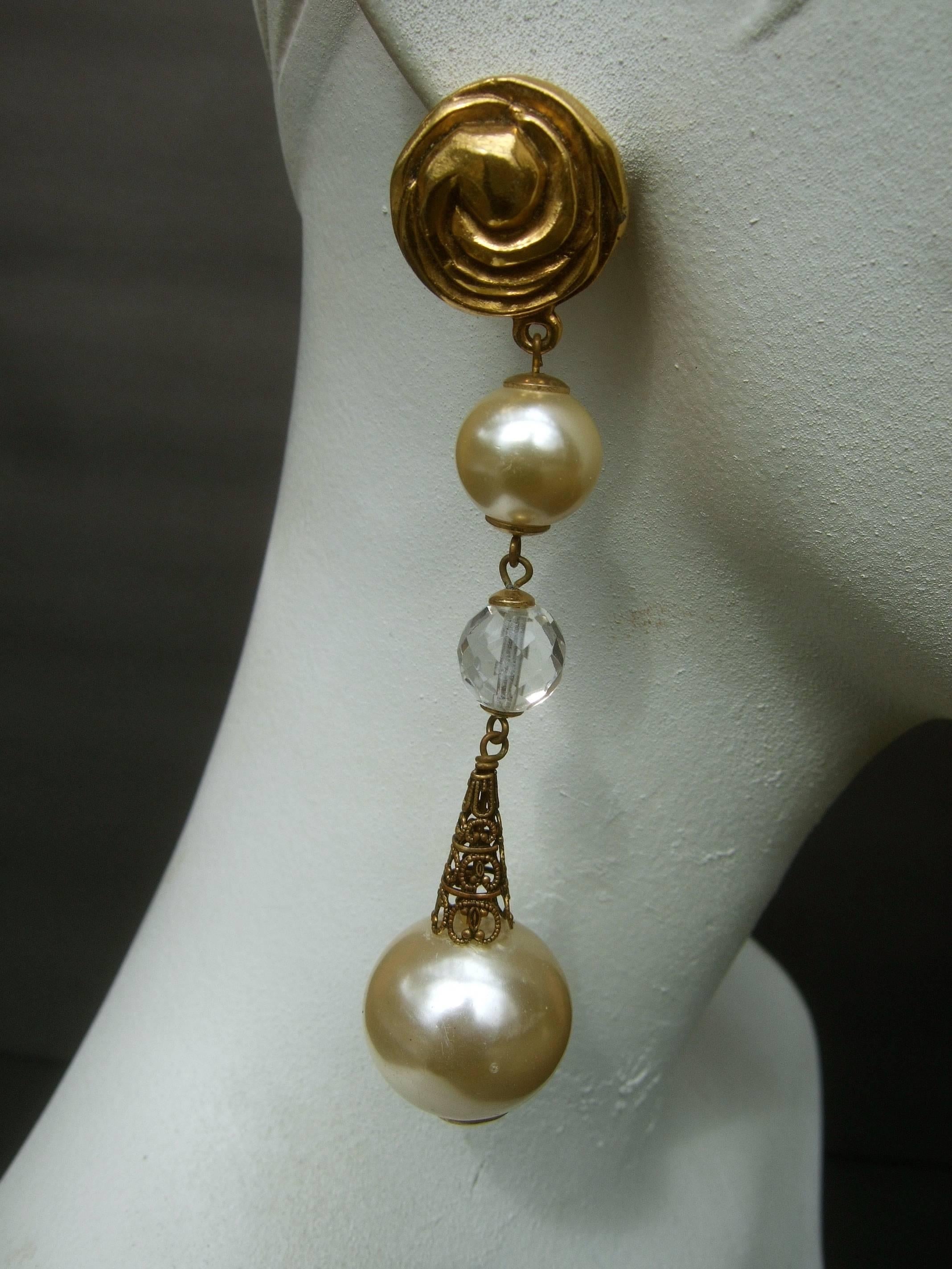 French Resin Pearl Crystal Statement Earrings Designed by Poggi Paris circa 1980 2