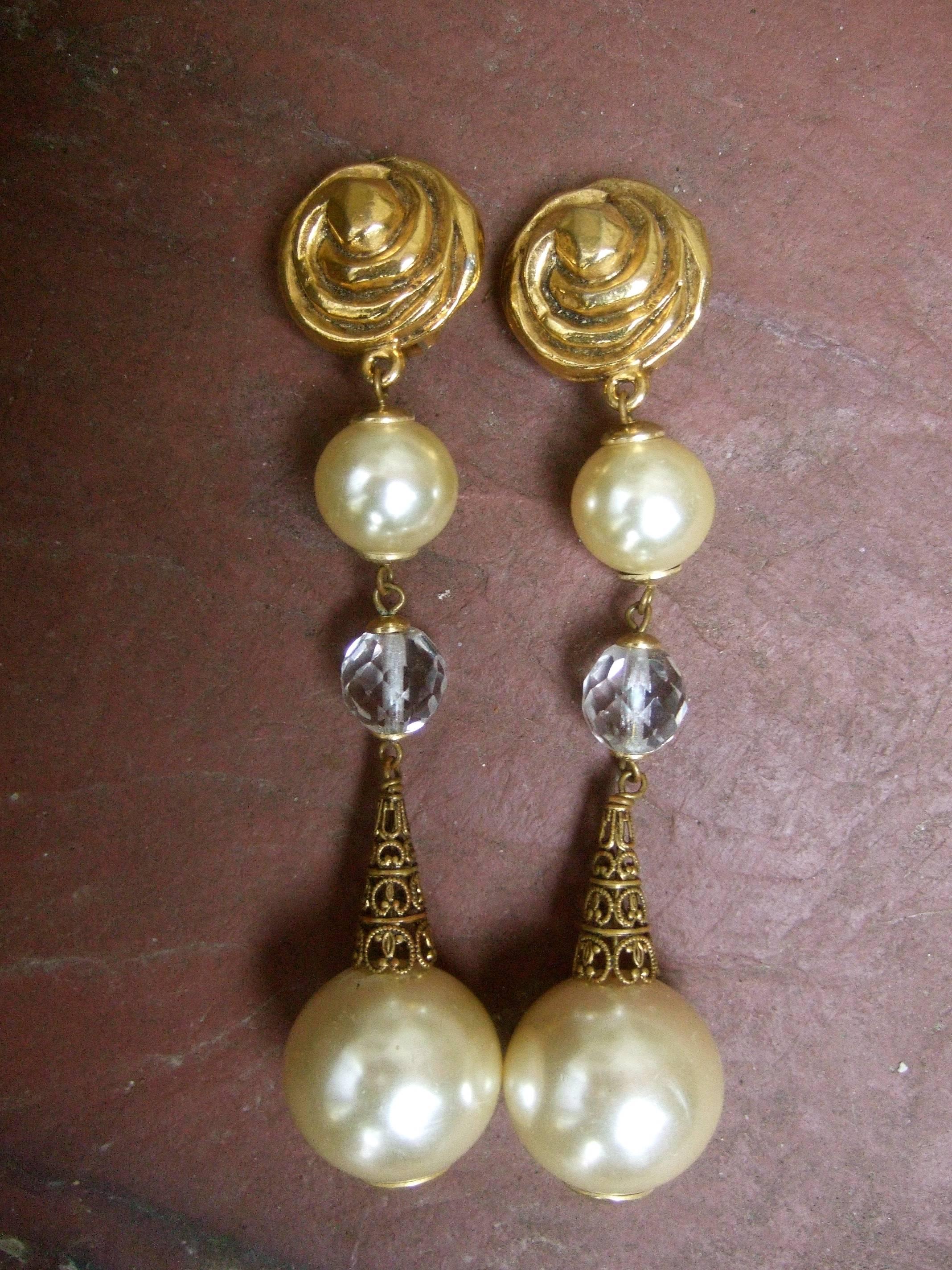 French Resin Pearl Crystal Statement Earrings Designed by Poggi Paris circa 1980 4