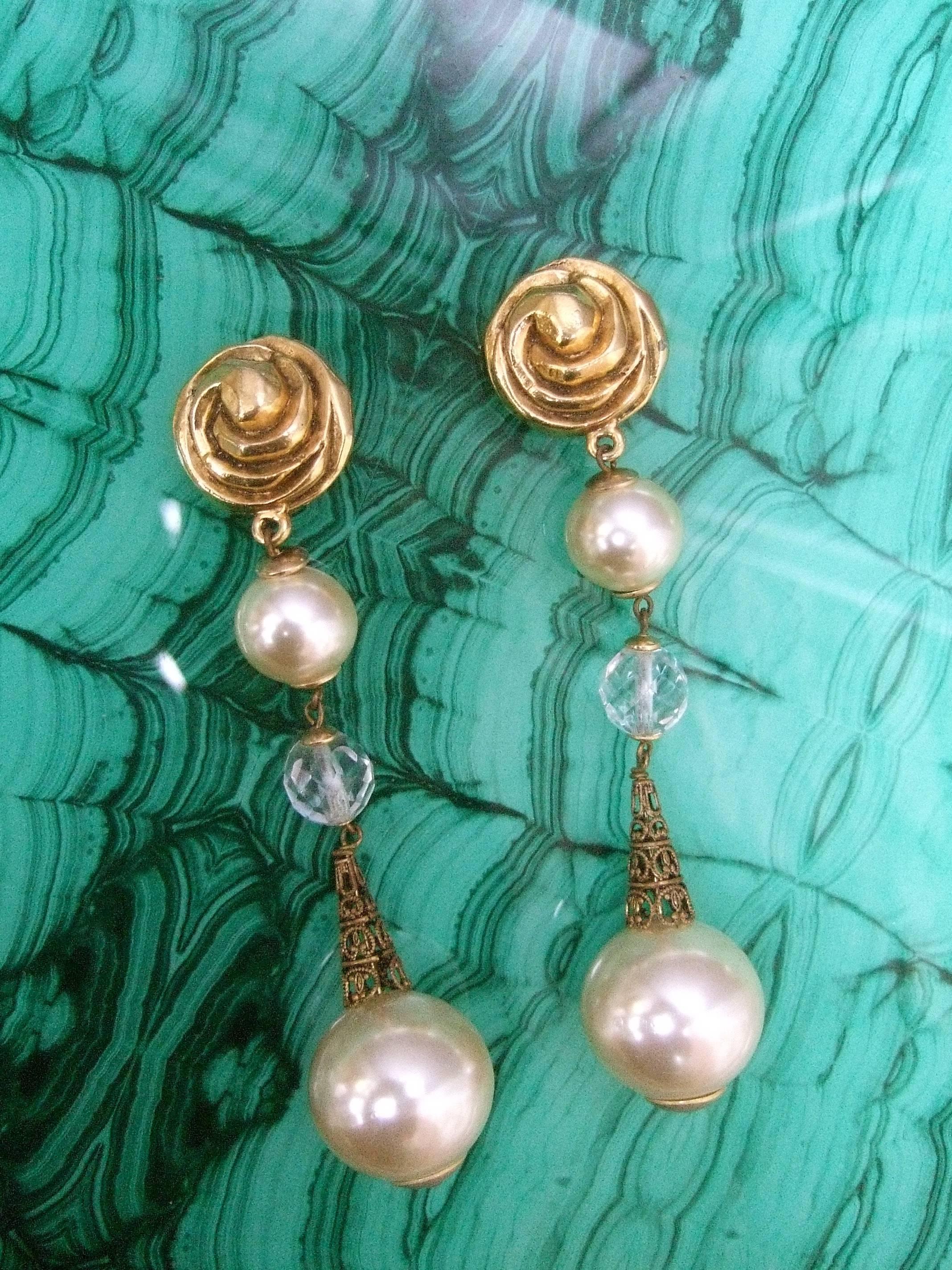 French Resin Pearl Crystal Statement Earrings Designed by Poggi Paris circa 1980 5