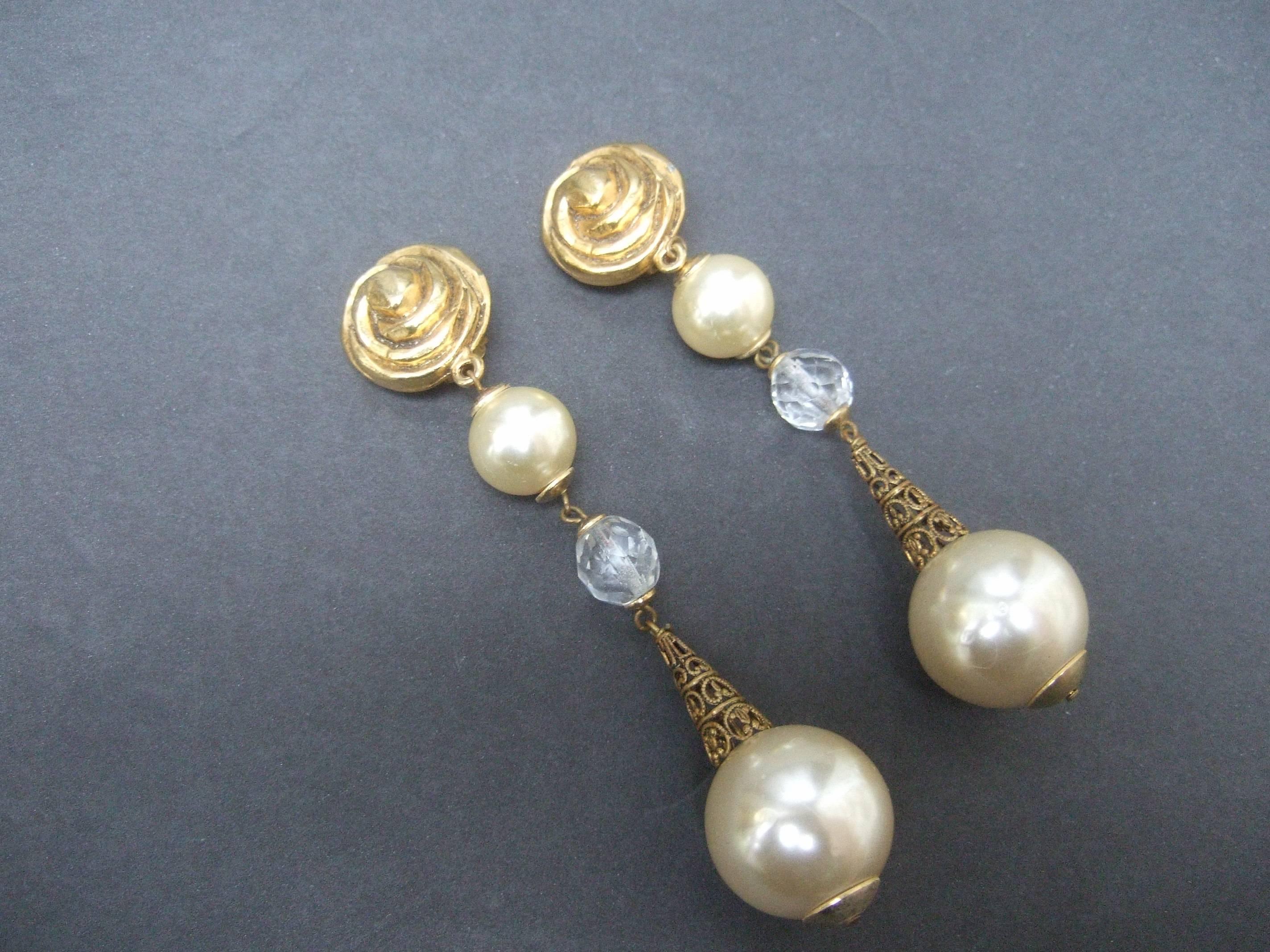 French Resin Pearl Crystal Statement Earrings Designed by Poggi Paris circa 1980 6