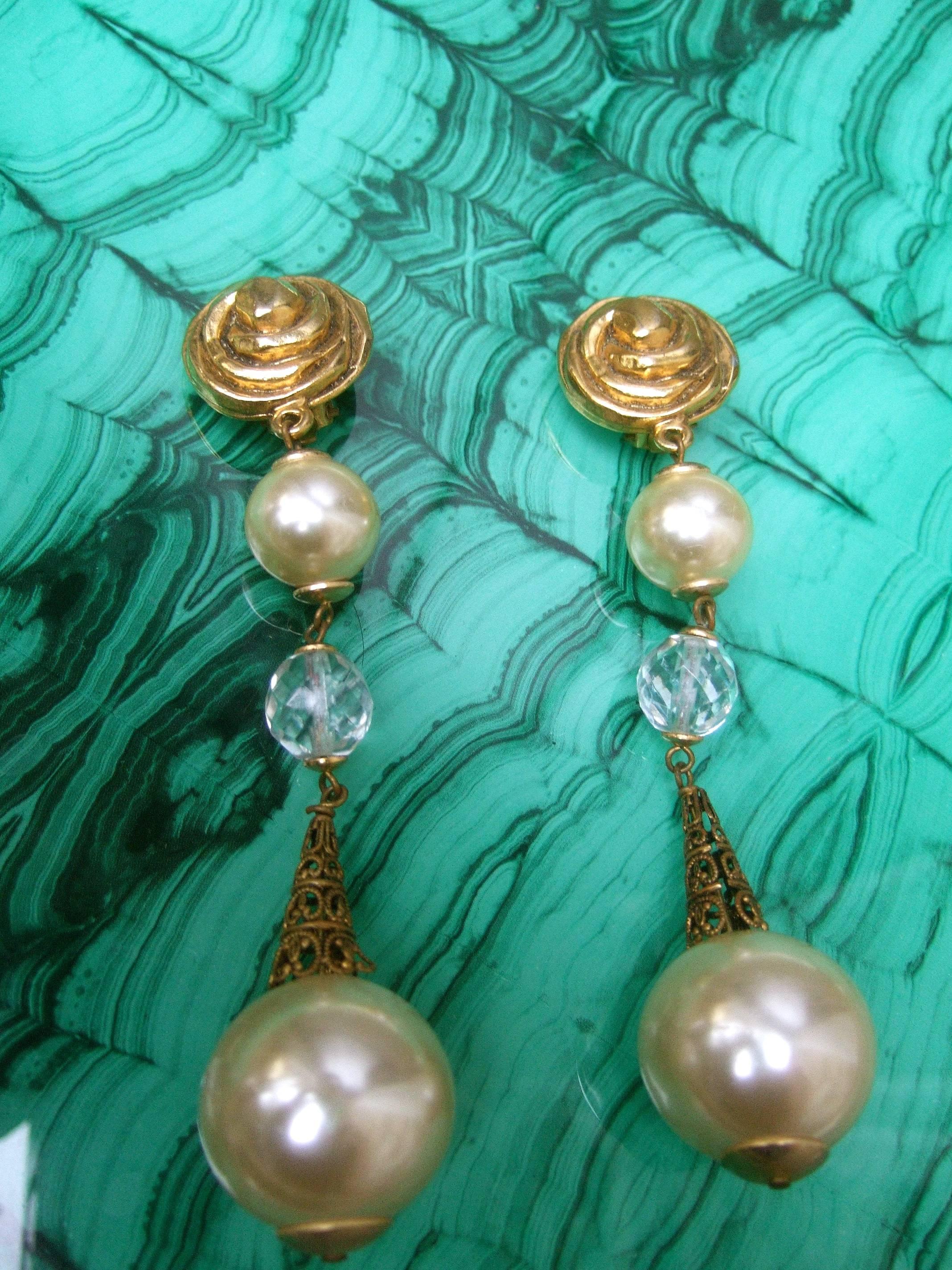 French Resin Pearl Crystal Statement Earrings Designed by Poggi Paris circa 1980 7