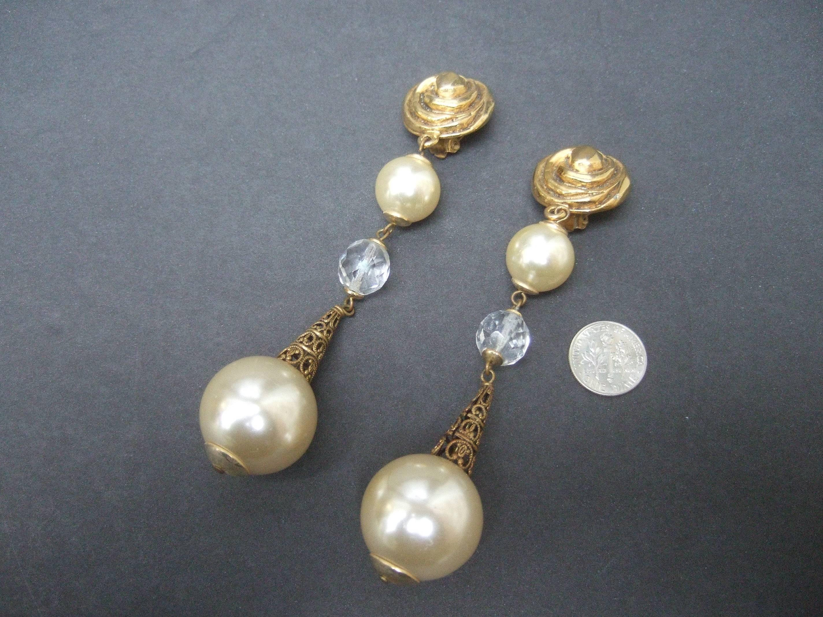 French Resin Pearl Crystal Statement Earrings Designed by Poggi Paris circa 1980 8