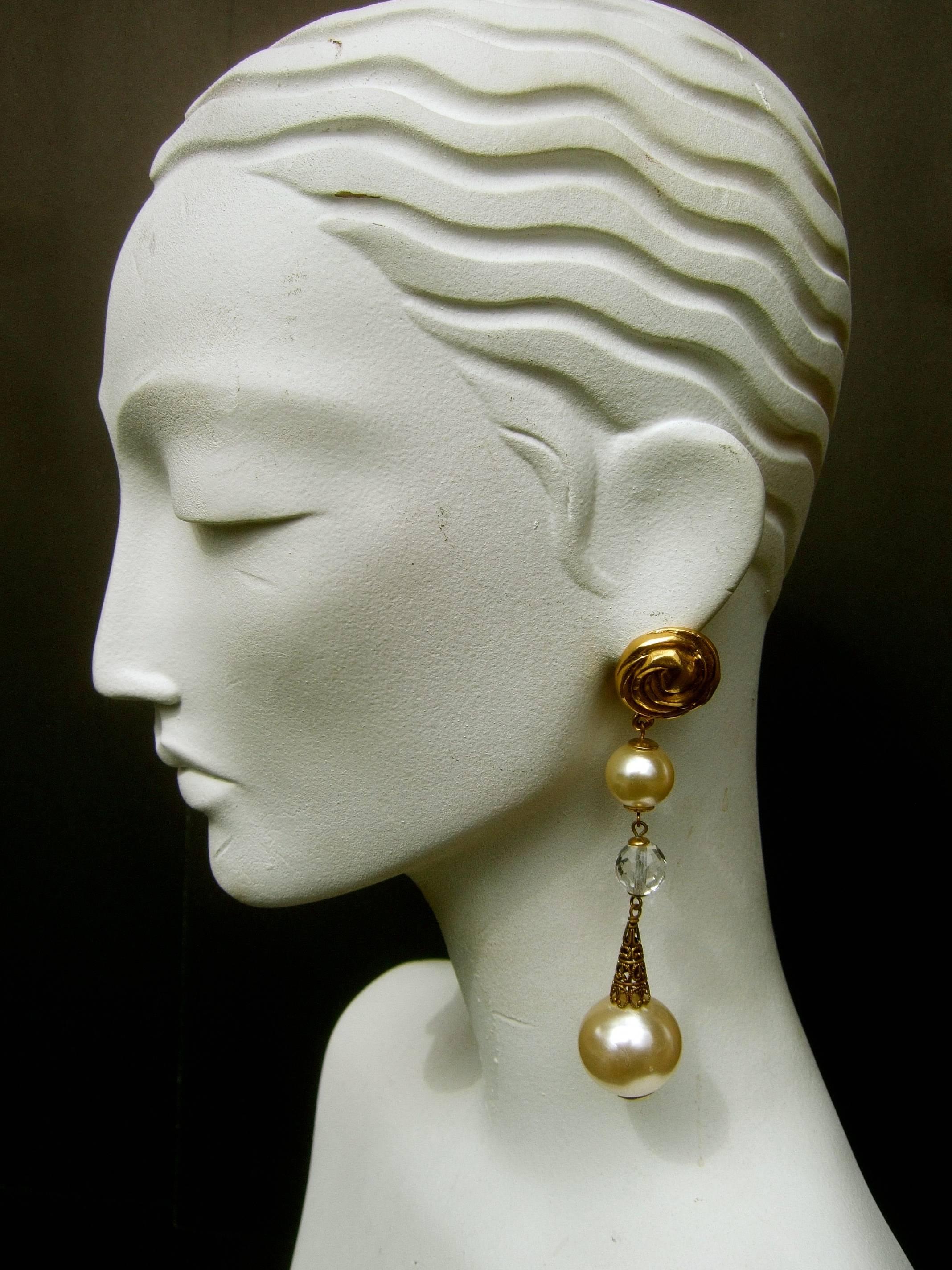 French Resin Pearl Crystal Statement Earrings Designed by Poggi Paris circa 1980 9