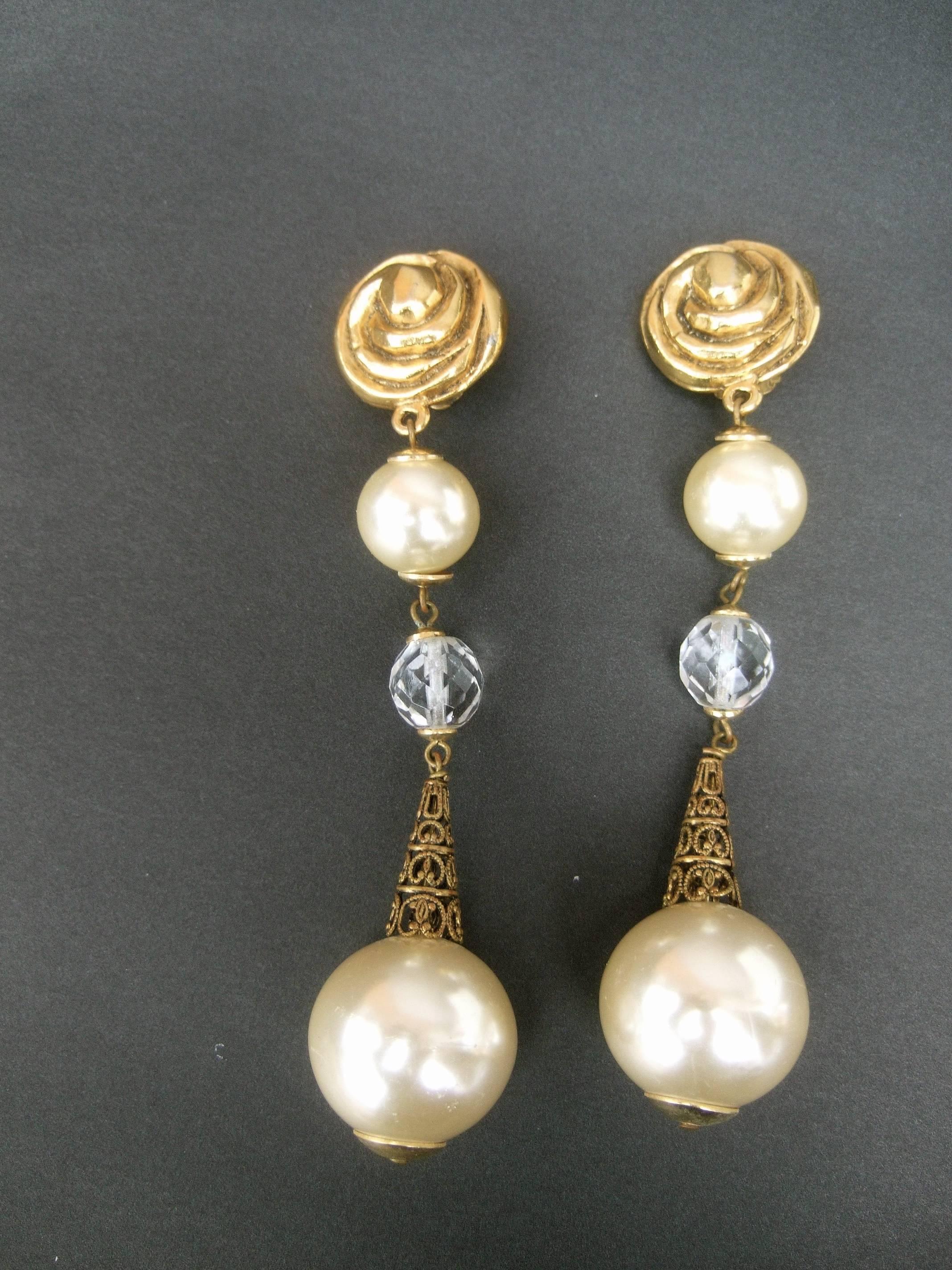 French Resin Pearl Crystal Statement Earrings Designed by Poggi Paris circa 1980 10