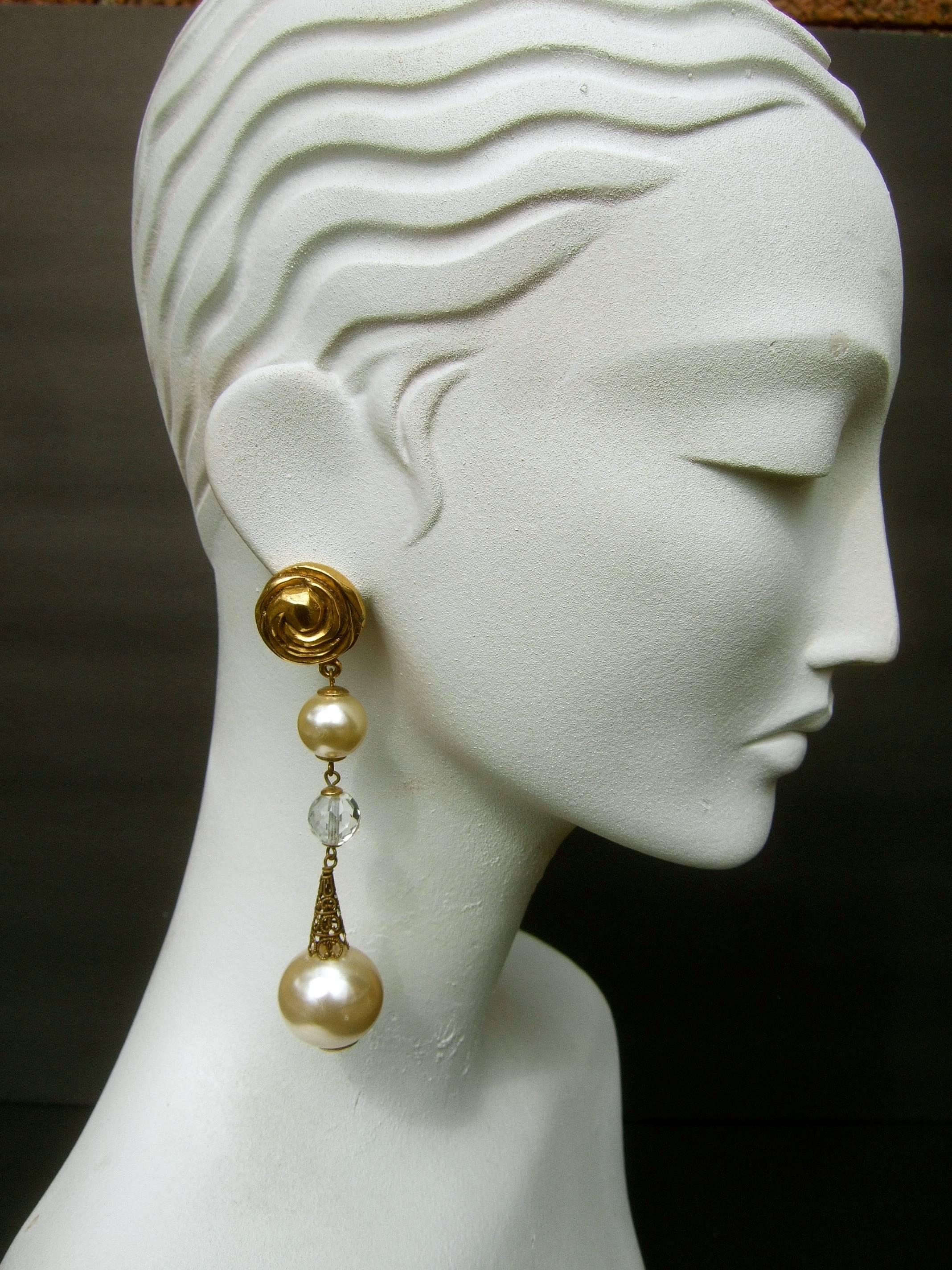 French Resin Pearl Crystal Statement Earrings Designed by Poggi Paris circa 1980 12