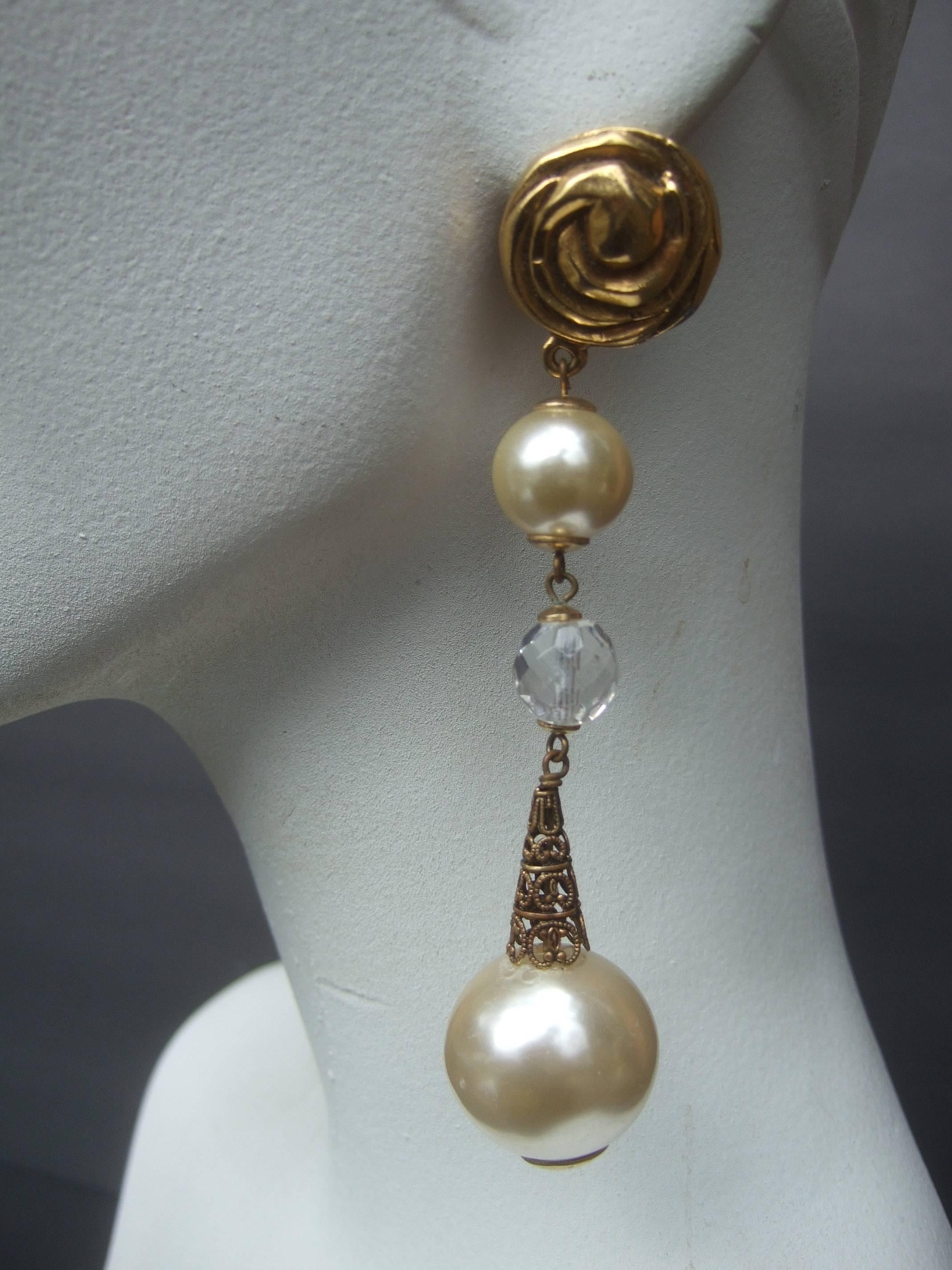 French Resin Pearl Crystal Statement Earrings Designed by Poggi Paris circa 1980 In Excellent Condition In University City, MO