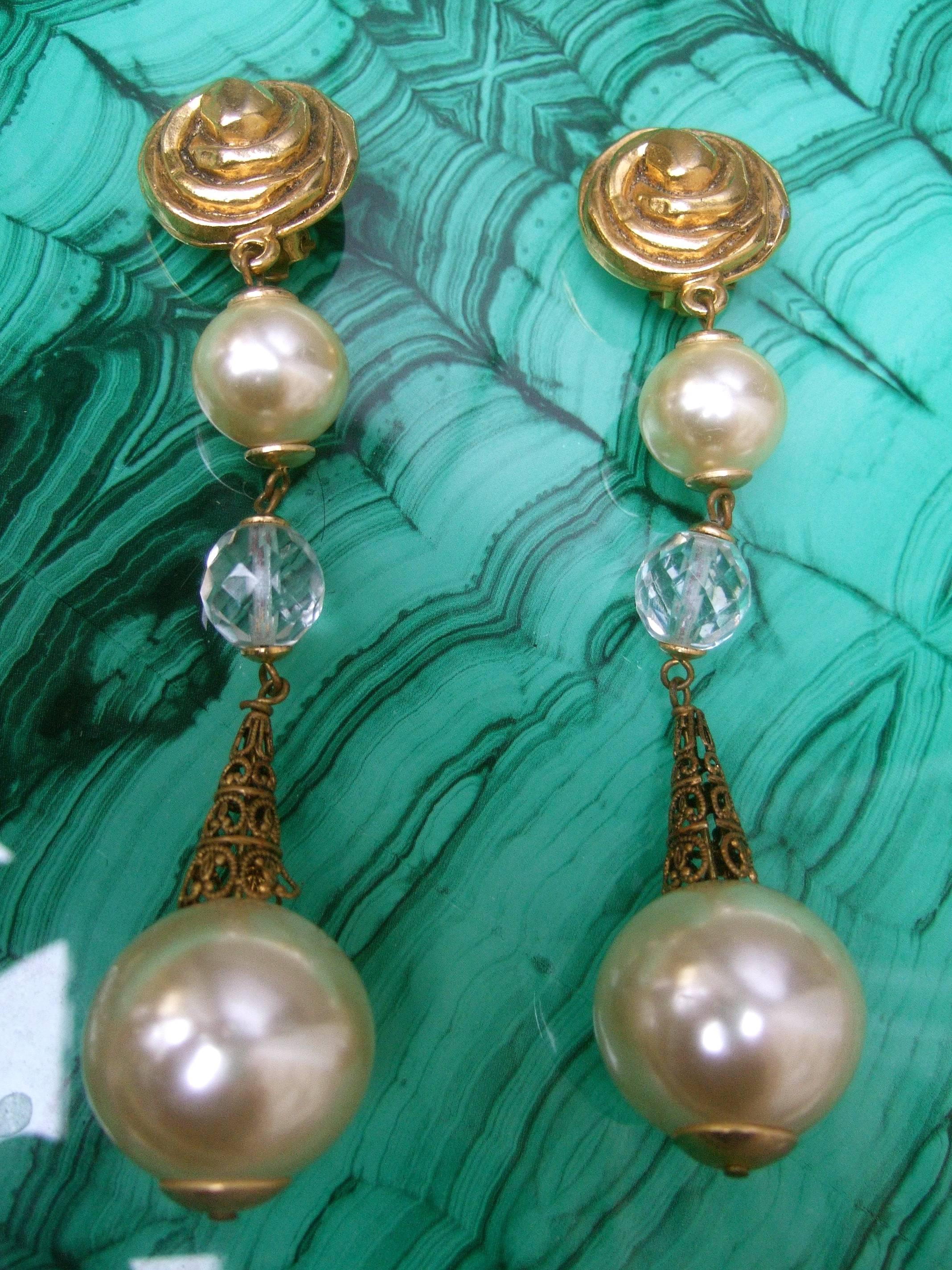 Women's French Resin Pearl Crystal Statement Earrings Designed by Poggi Paris circa 1980