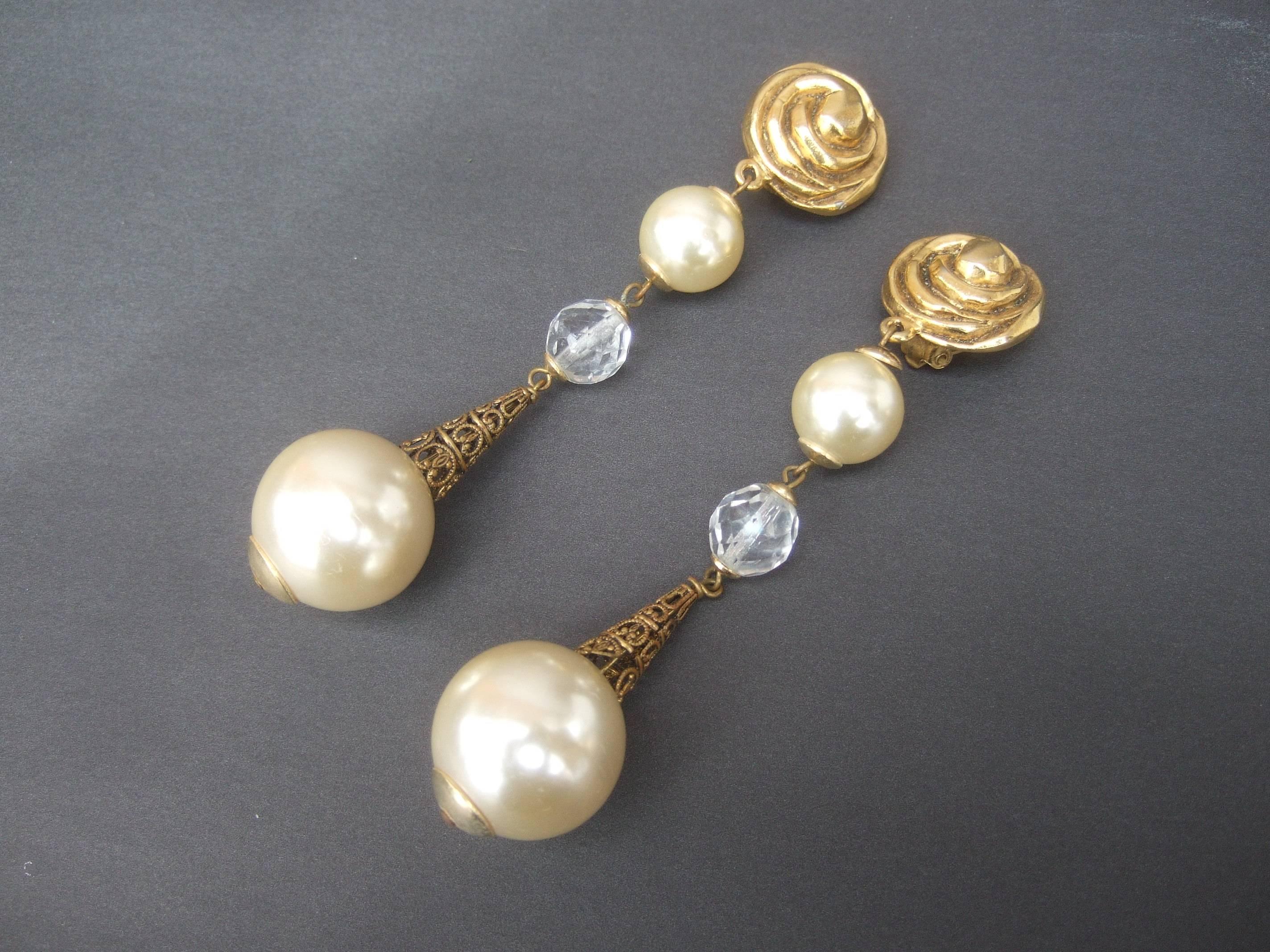 French Resin Pearl Crystal Statement Earrings Designed by Poggi Paris circa 1980 1