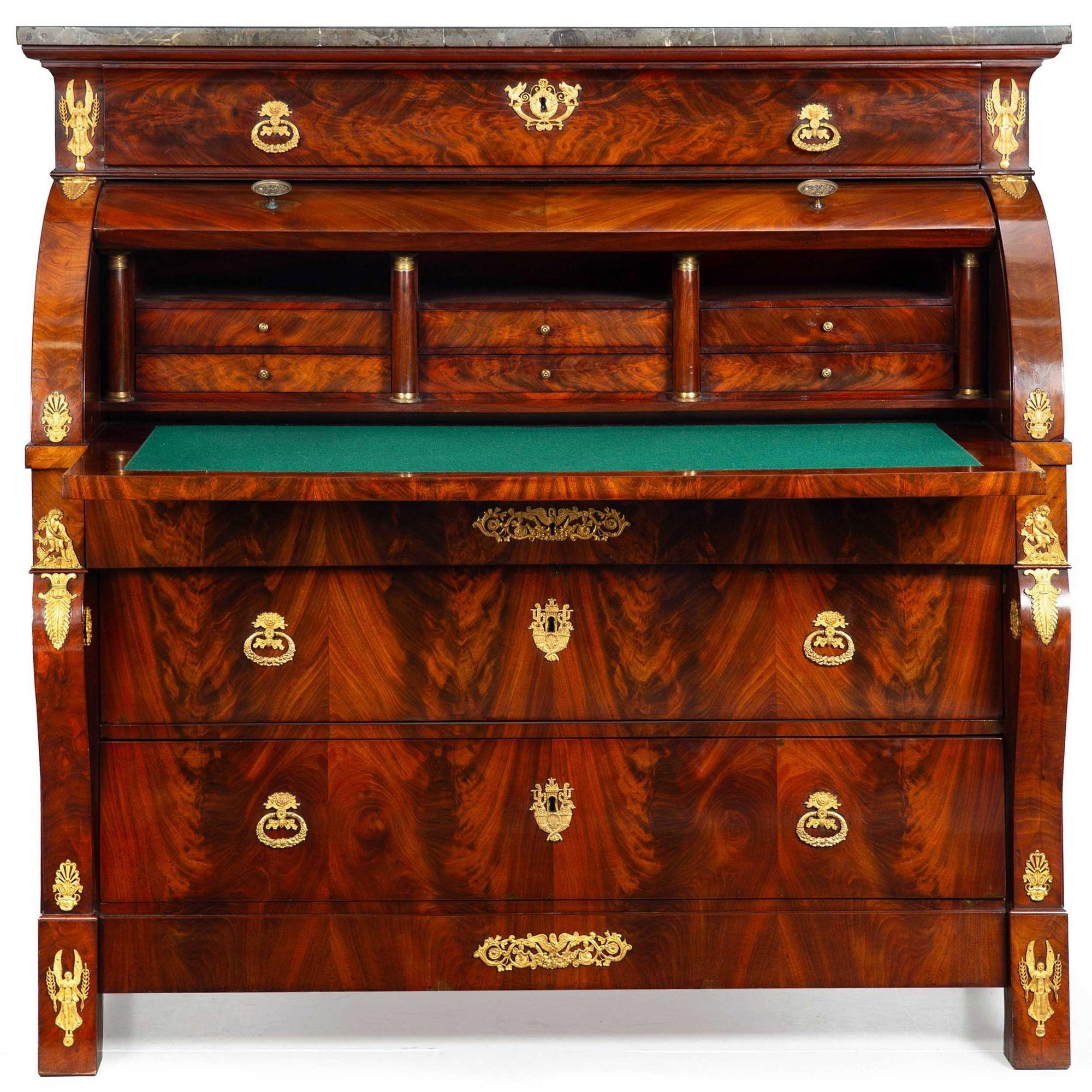 Empire French Restauration Antique Mahogany Cylinder Roll-Top Desk circa 1830 For Sale