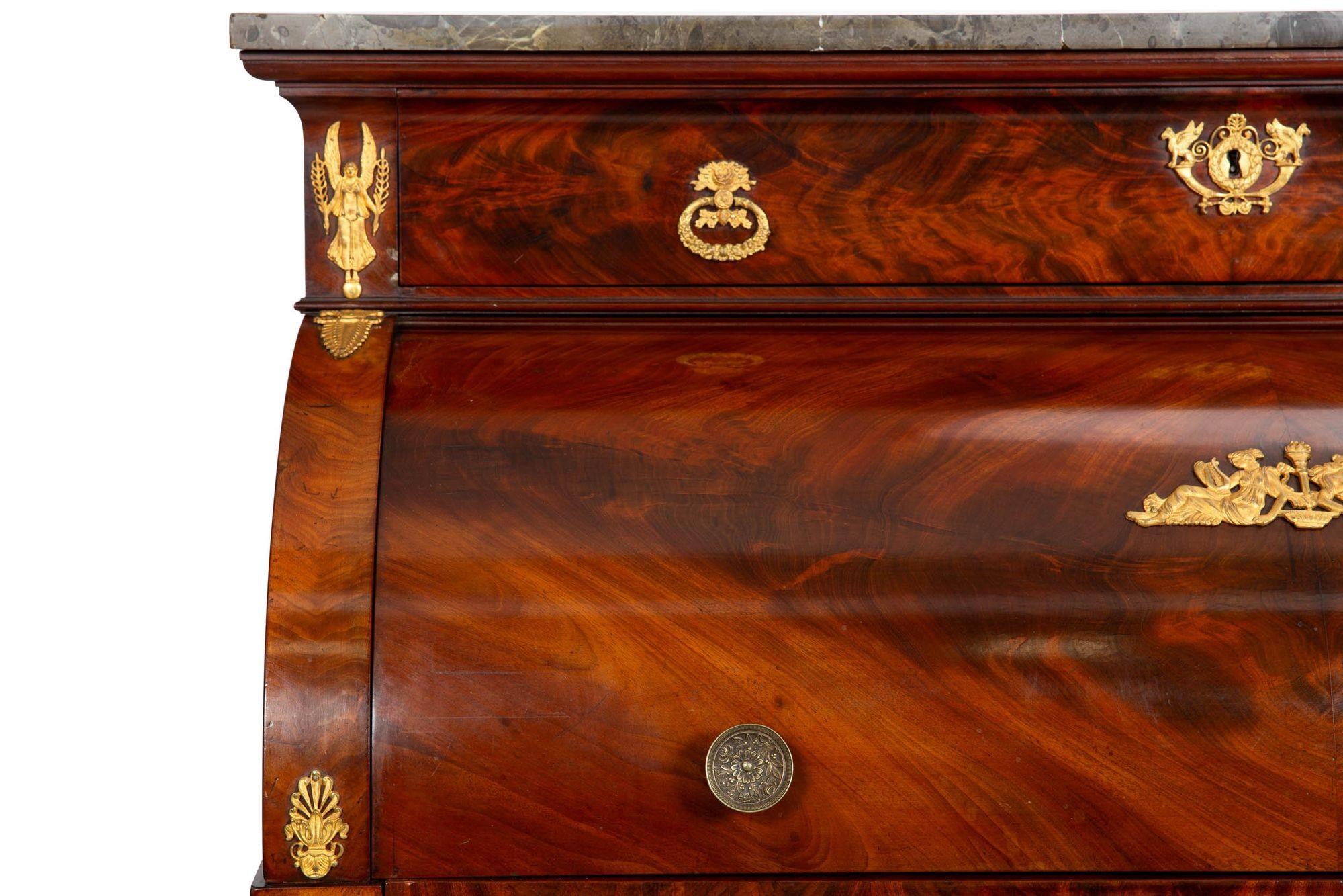 Brass French Restauration Antique Mahogany Cylinder Roll-Top Desk circa 1830 For Sale