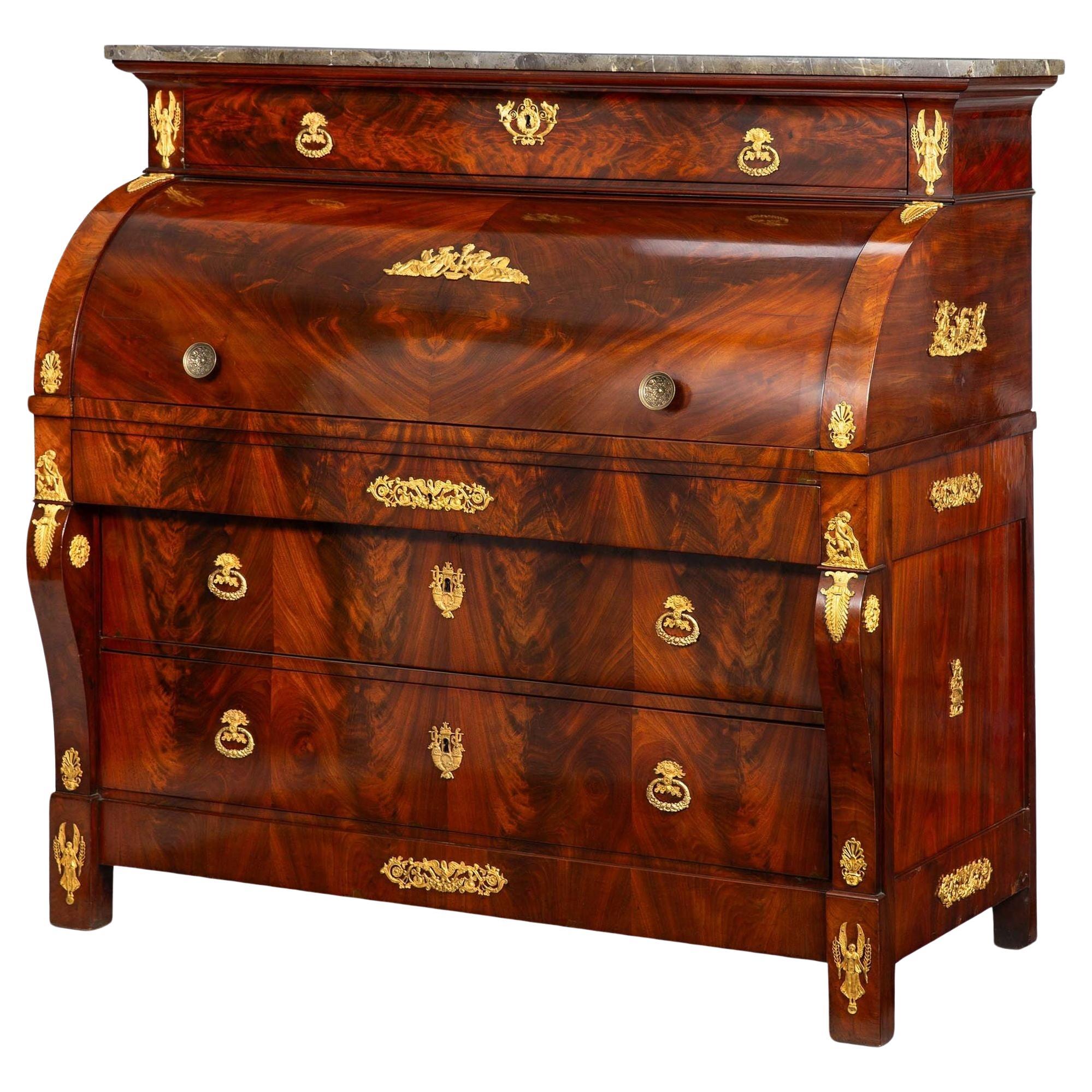 French Restauration Antique Mahogany Cylinder Roll-Top Desk circa 1830 For Sale
