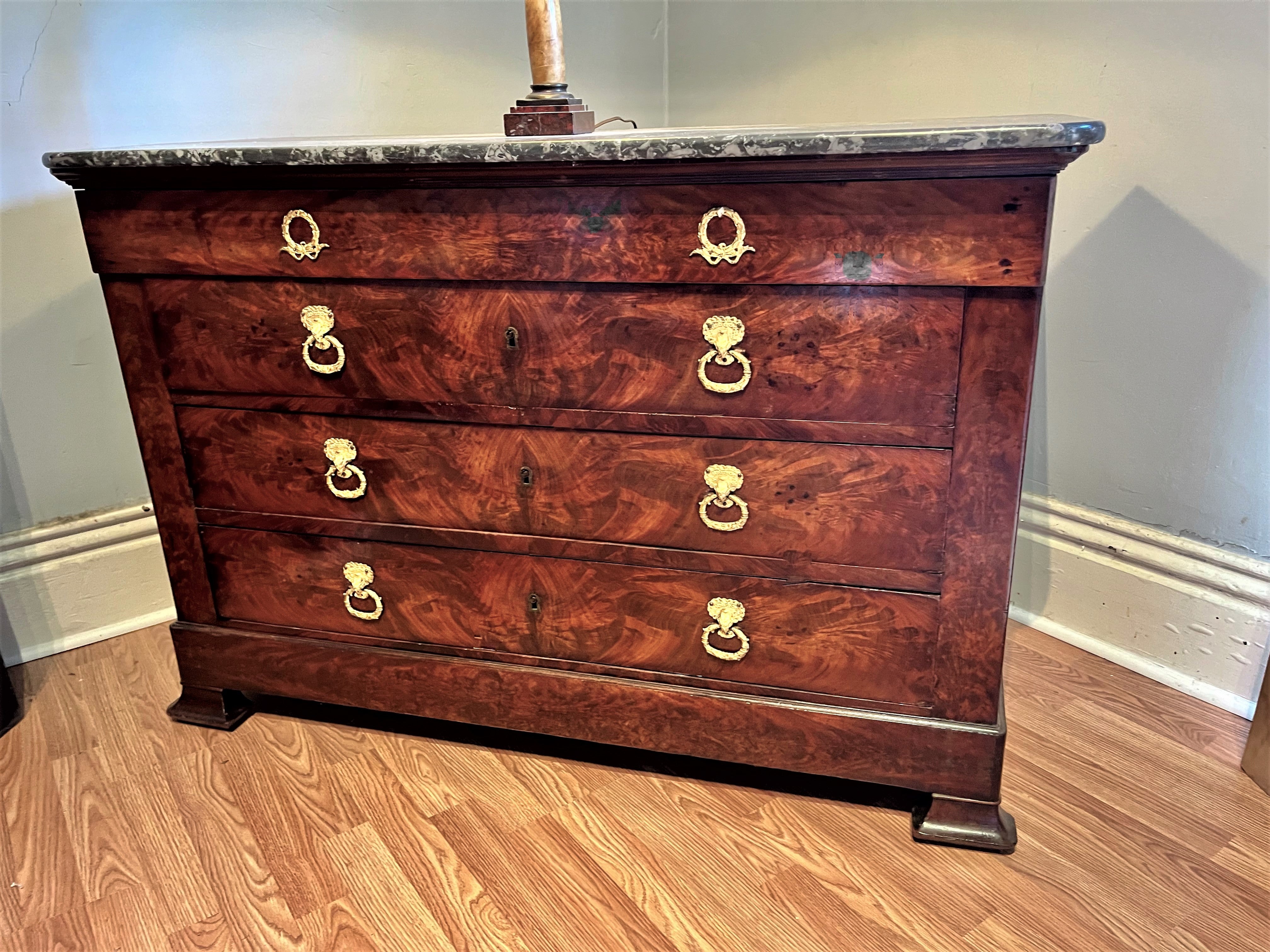  French Restauration Crotch Mahogany Commode Stamped ' Maigret ' In Distressed Condition In Nashville, TN