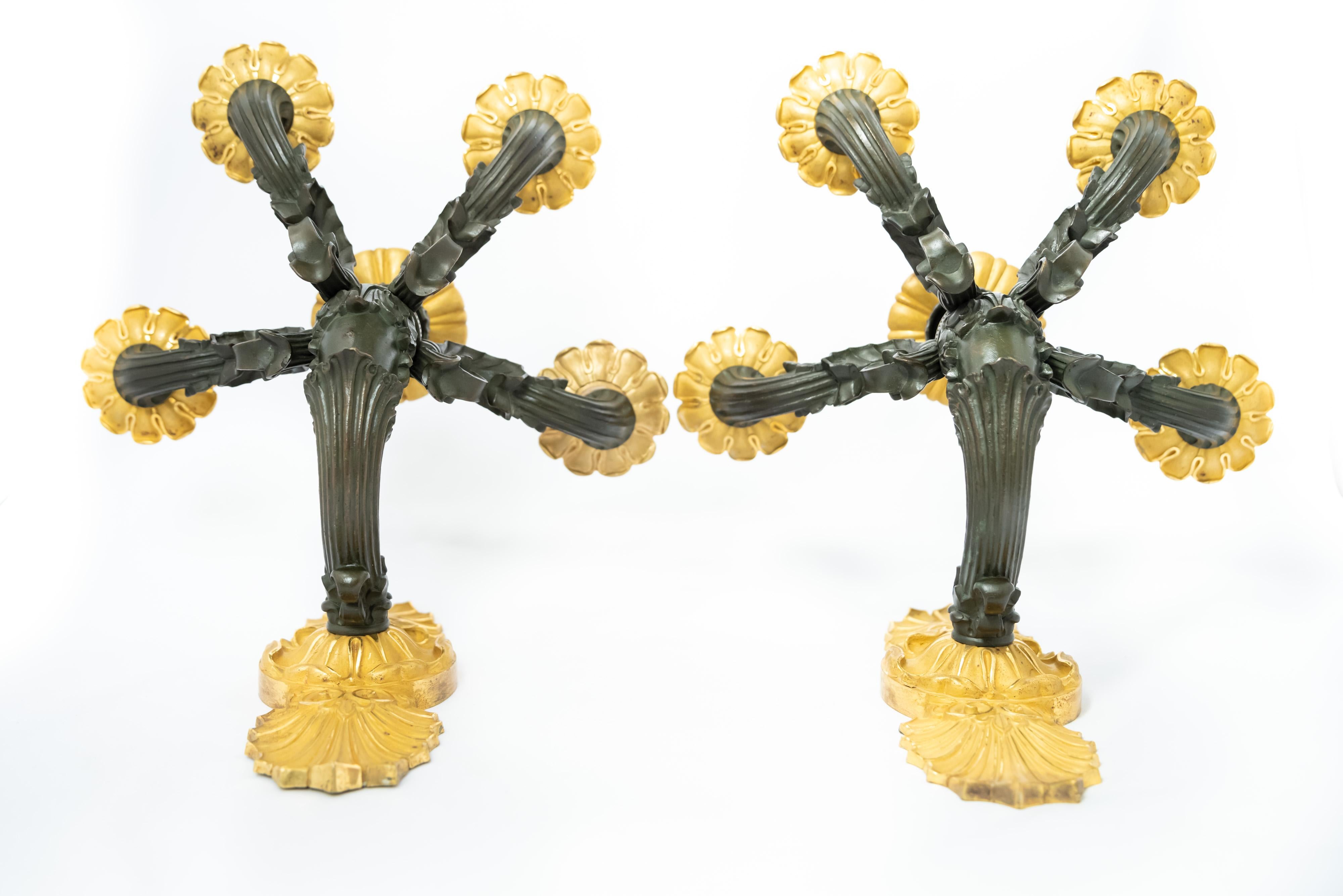 An exquisite pair of gilt-bronze and black-patina sconces - appliqués - from the French Restauration Era. The pair revels in the acanthus-leaf iconography of classicism to an almost abstract degree, with the gilt acanthus of the backplate supporting