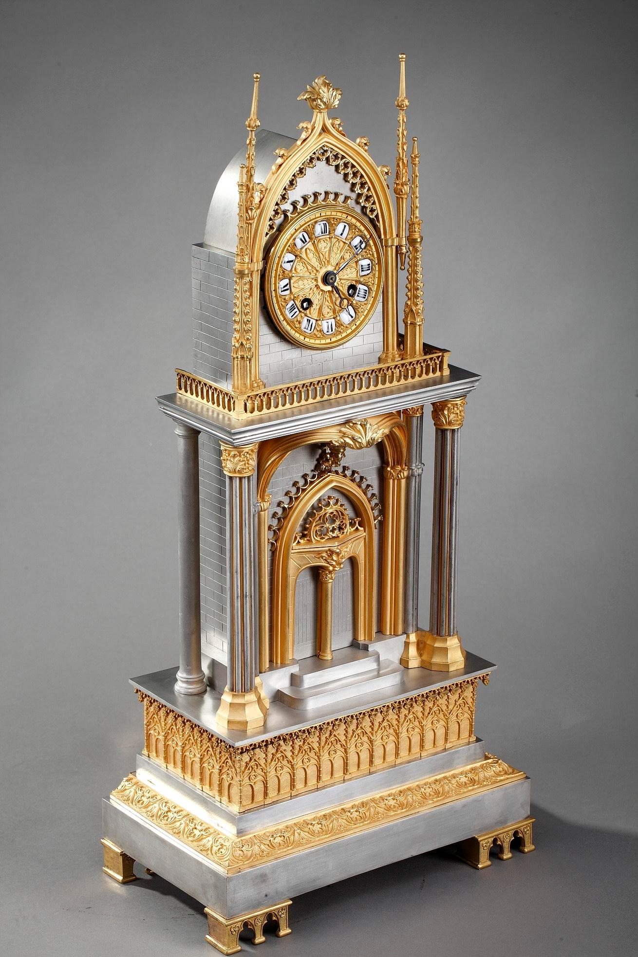 French Restauration Gilt and Silvered Bronze Neo-Gothic Cathedral Clock 7