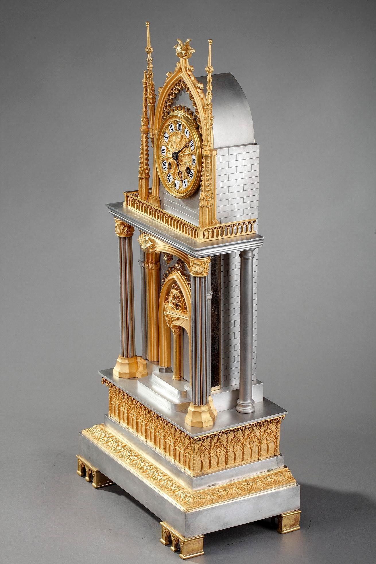 French Restauration Gilt and Silvered Bronze Neo-Gothic Cathedral Clock 3