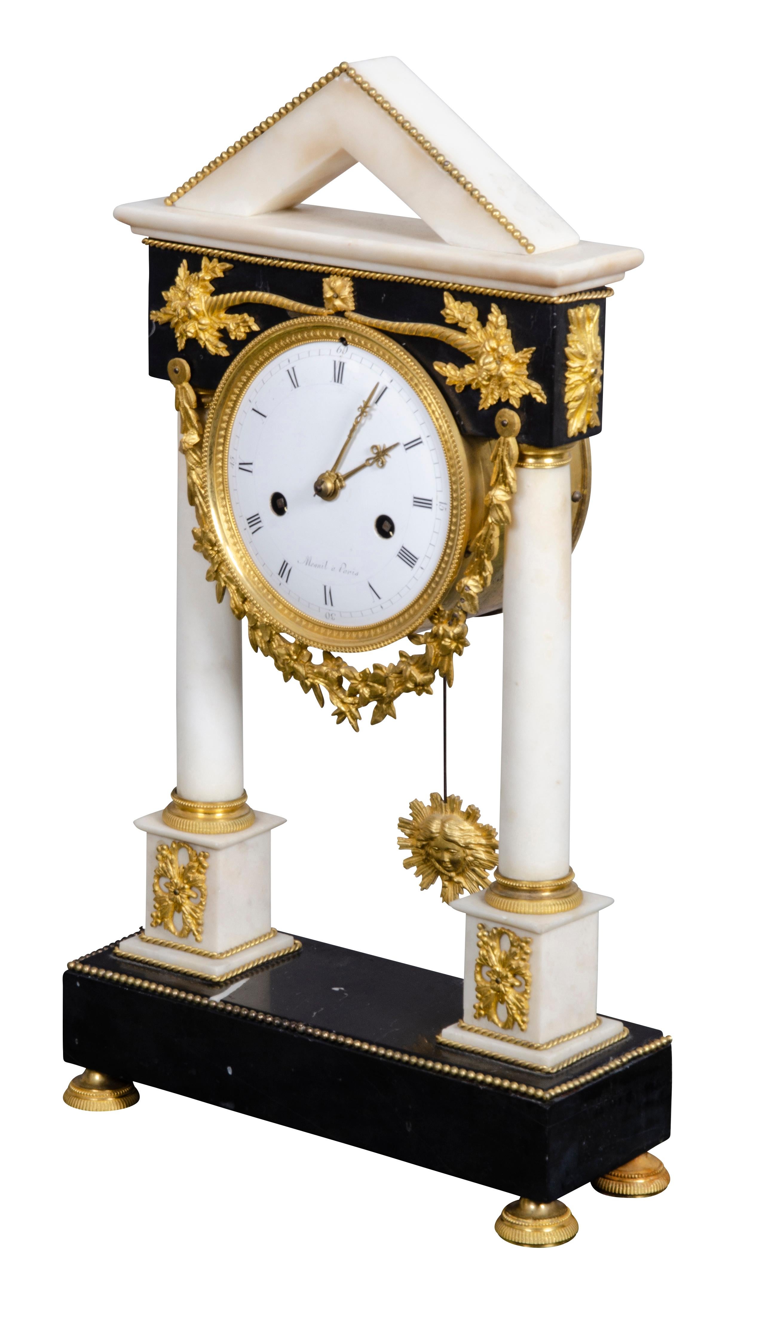 French Restauration Gilt Bronze Clock Signed Mesnil, Paris In Good Condition For Sale In Essex, MA
