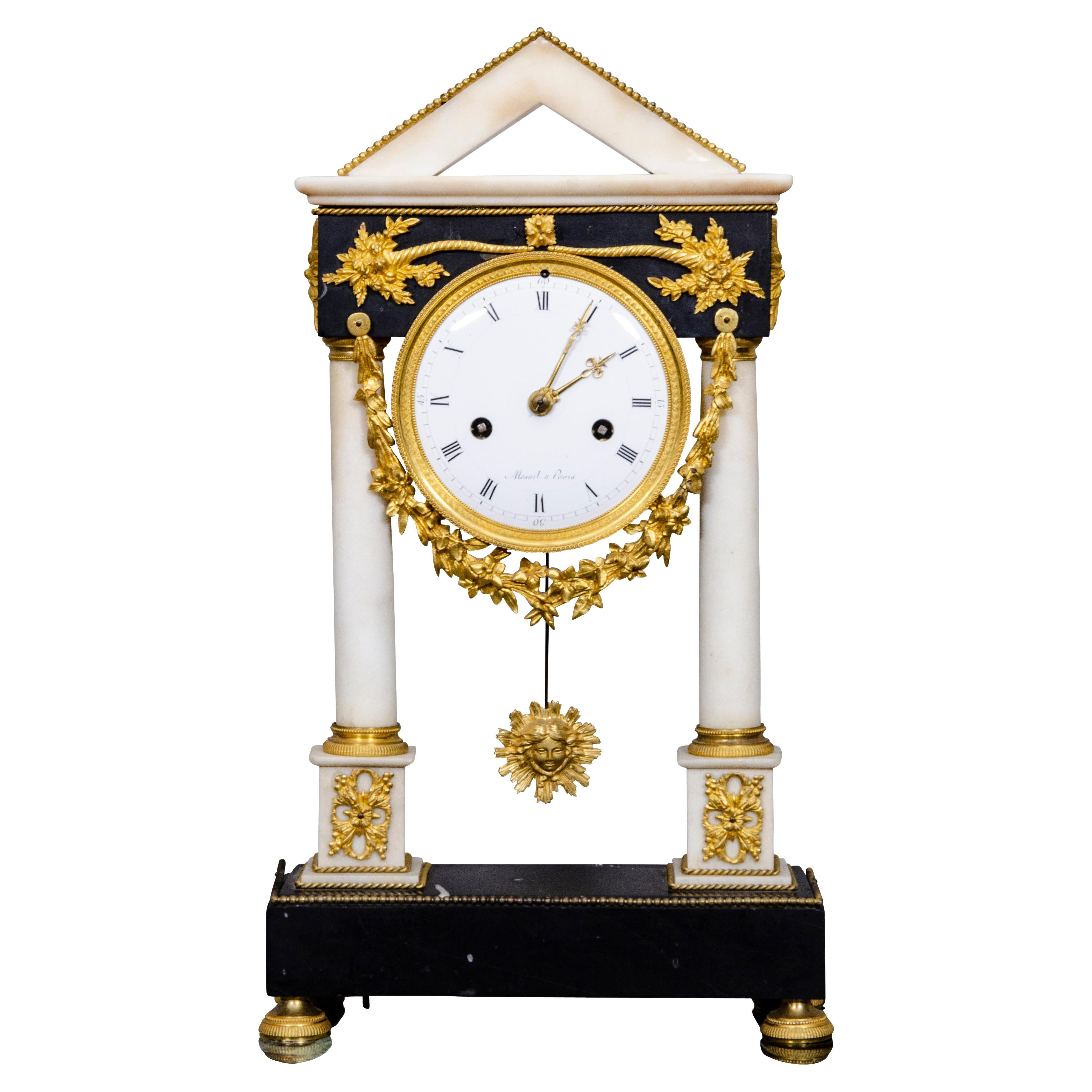 French Restauration Gilt Bronze Clock Signed Mesnil, Paris For Sale