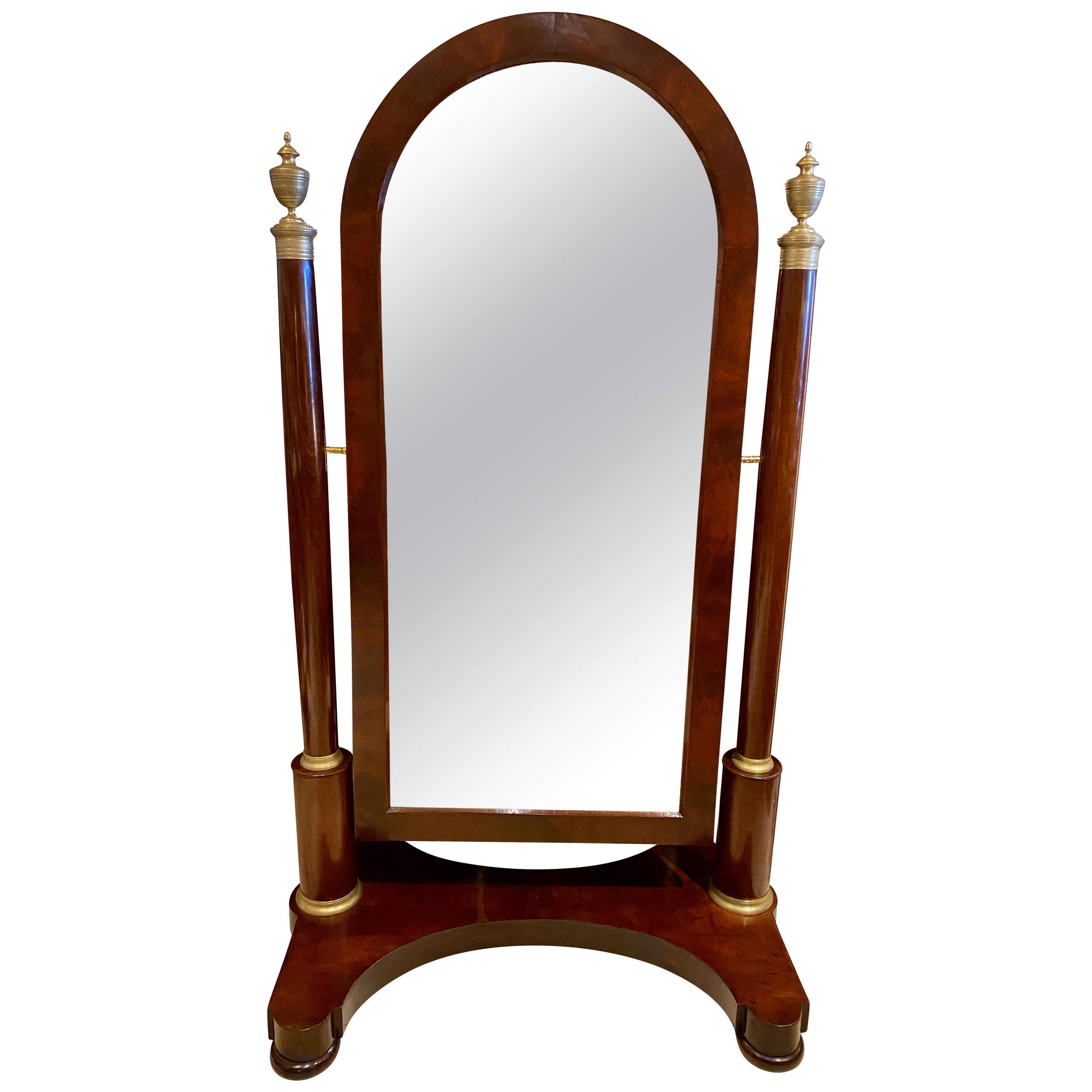 French Restauration Mahogany and Bronze Mounted Cheval Mirror For Sale