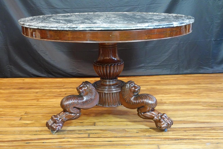 French Restauration Mahogany Center Table with Variegated Marble Top In Good Condition For Sale In Pembroke, MA