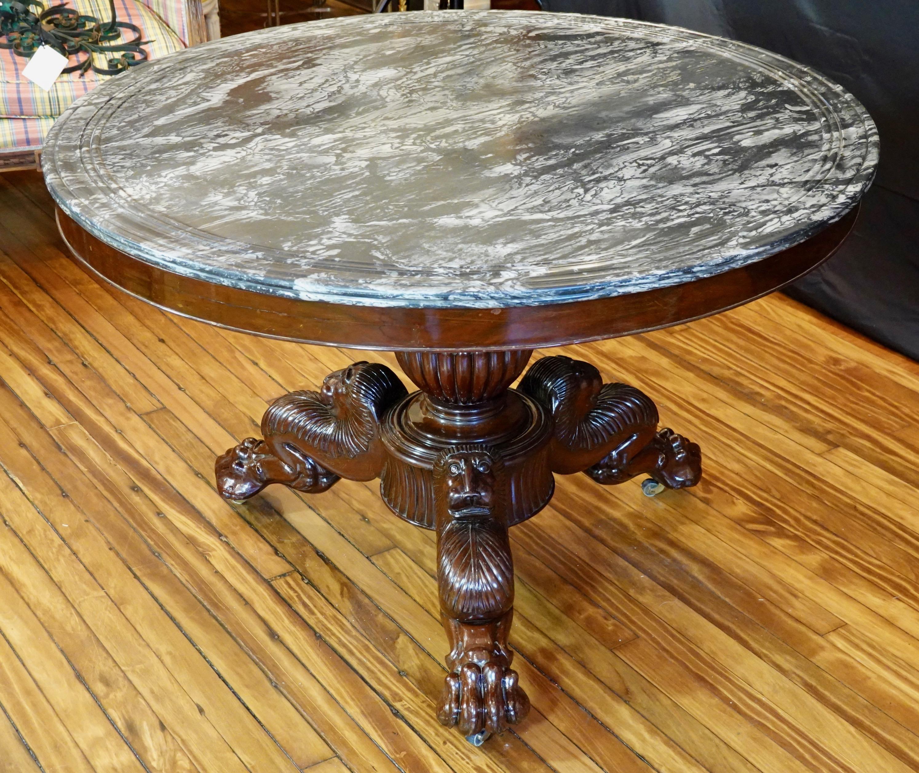 Carved French Restauration Mahogany Center Table with Variegated Marble Top For Sale