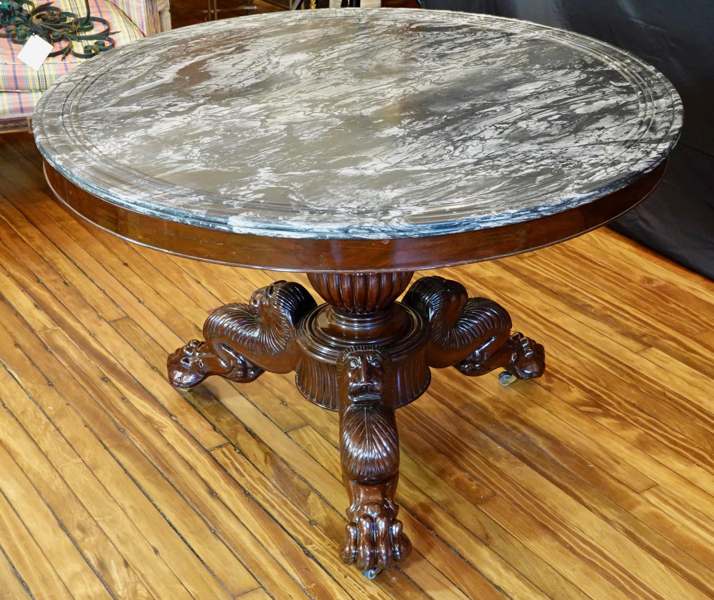Veneer French Restauration Mahogany Center Table with Variegated Marble Top For Sale