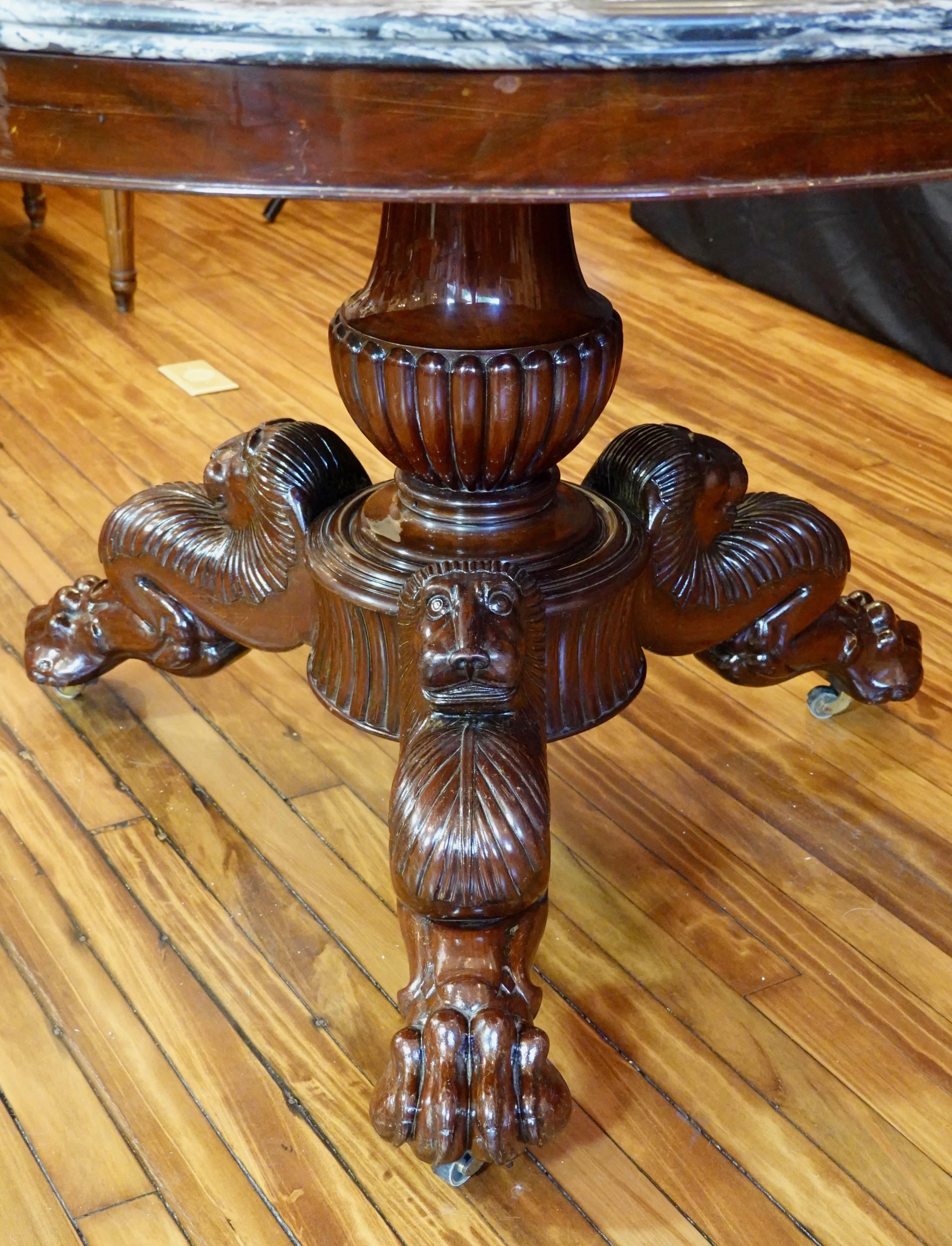 French Restauration Mahogany Center Table with Variegated Marble Top In Good Condition For Sale In Pembroke, MA