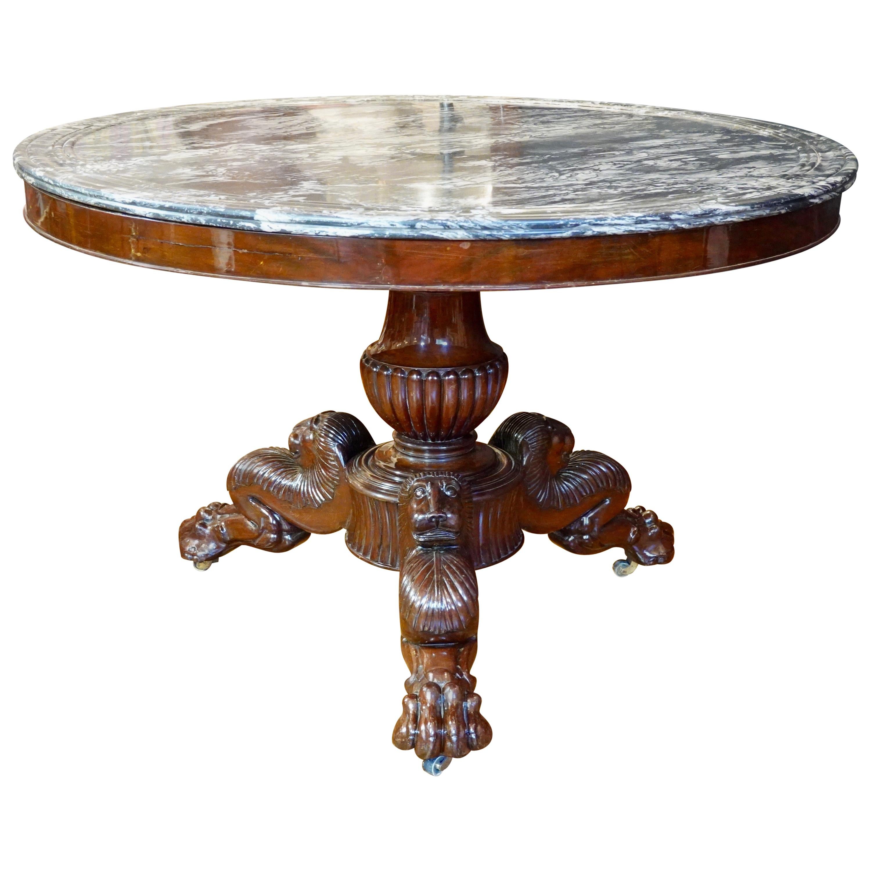 French Restauration Mahogany Center Table with Variegated Marble Top For Sale