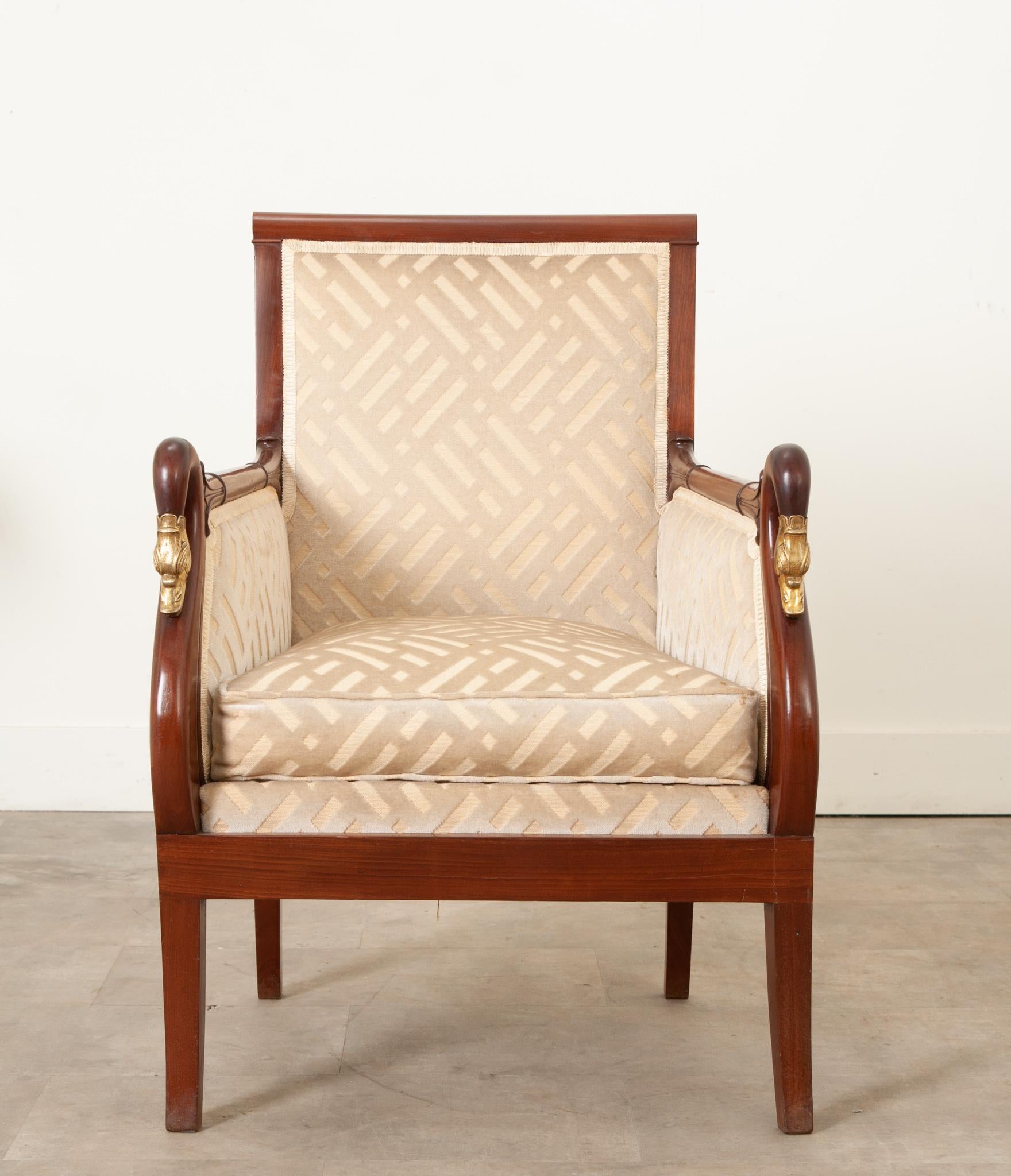 Velvet French Restauration Mahogany Single Bergere For Sale