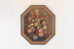 French Restauration Period 1820s Framed Octagonal Painting Depicting a Bouquet