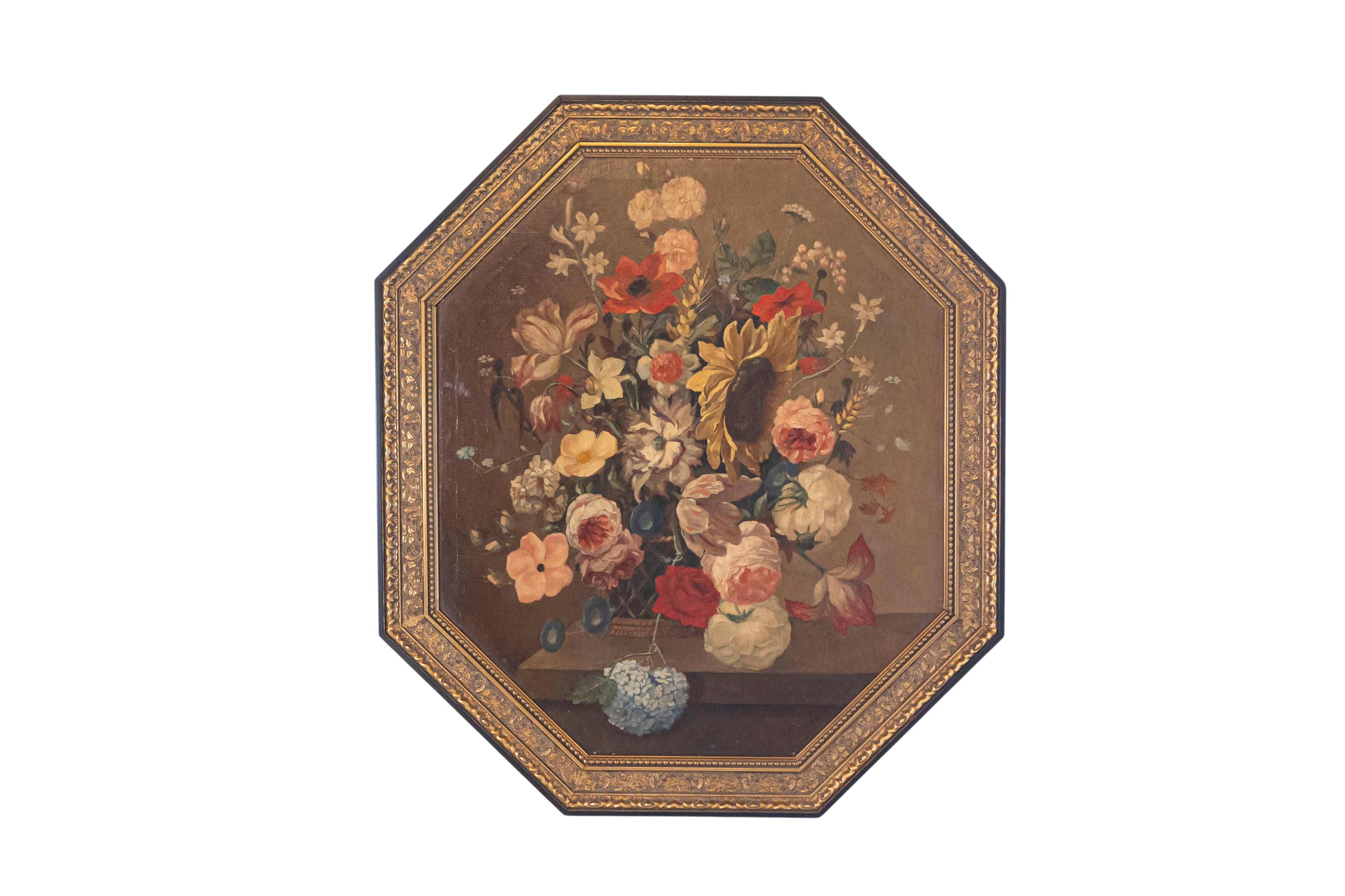 Quadro ottagonale incorniciato del periodo della Restaurazione francese del 1820, raffigurante un bouquet in vendita