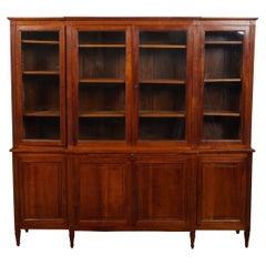 Used French Restauration Period 1820s Walnut Breakfront Bookcase with Glass Doors