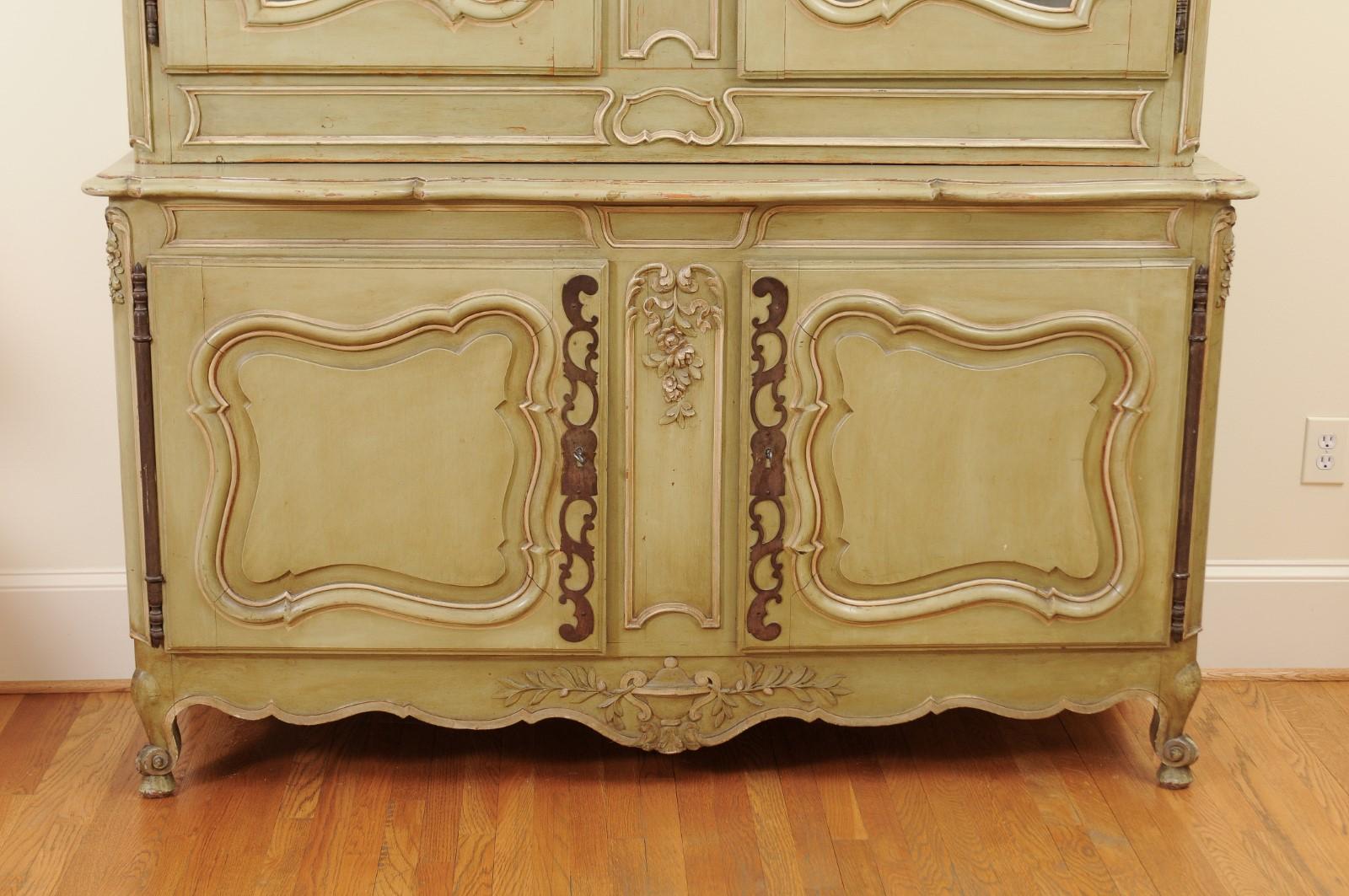 19th Century French Restauration Period 1830s Painted Buffet à Deux-Corps with Glass Doors