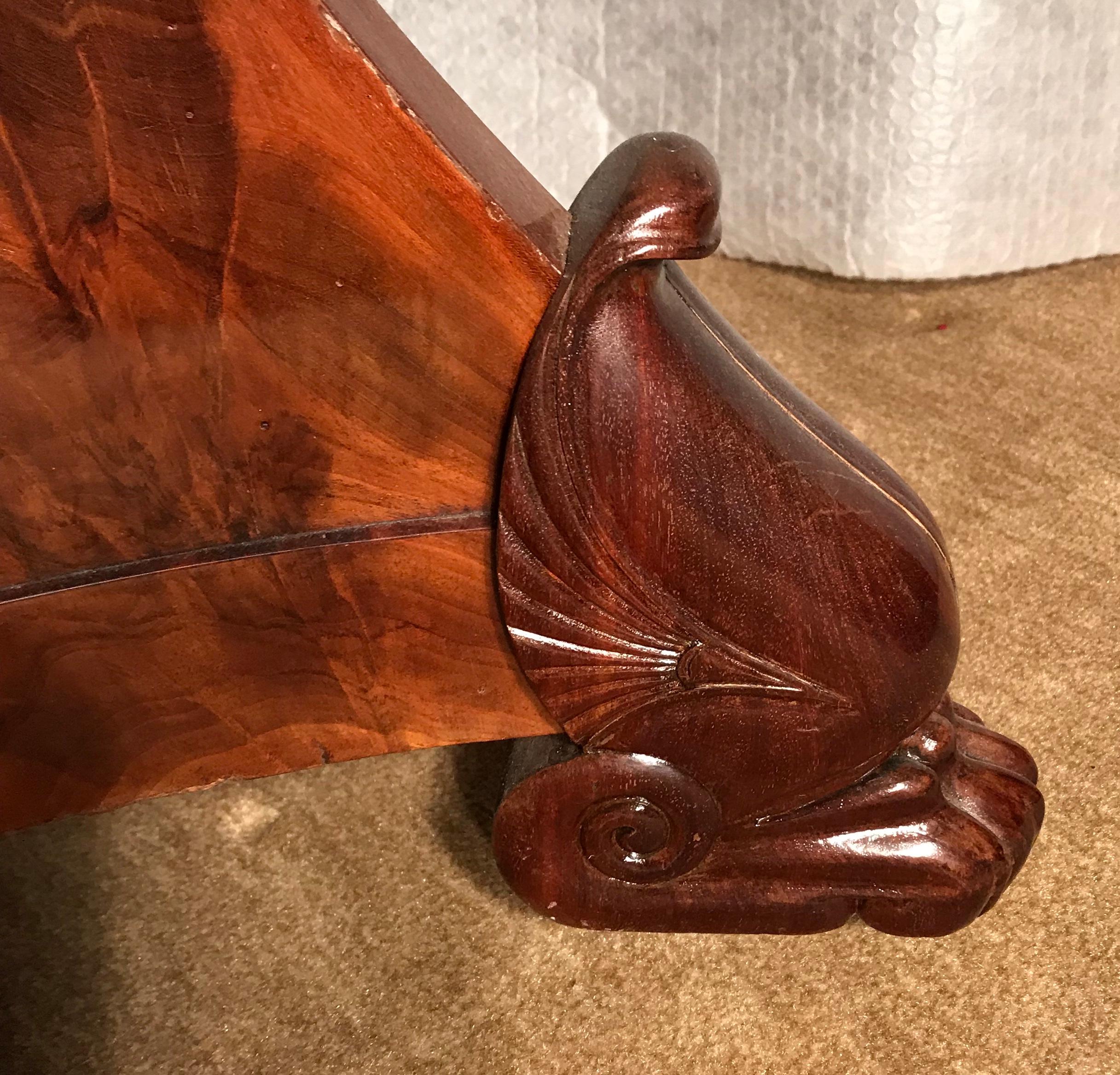 Elaborate French restauration period Table, 1820, mahogany veneer with grey, original marble top. In good condition. The table will be shipped from Germany, shipping costs to Boston are included.
 