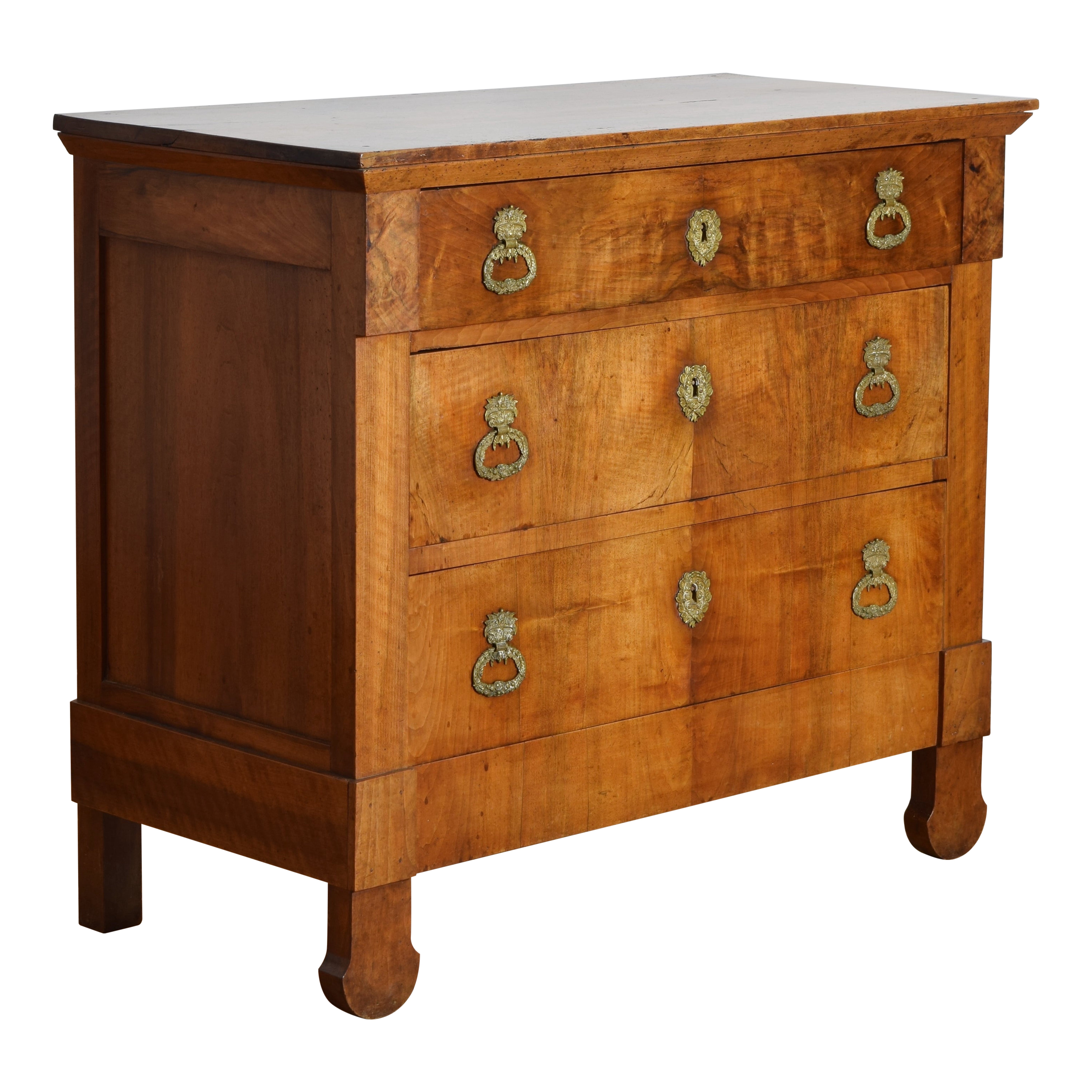 French Restauration Period Light Walnut 3-Drawer Brass Mounted Commode, ca. 1820