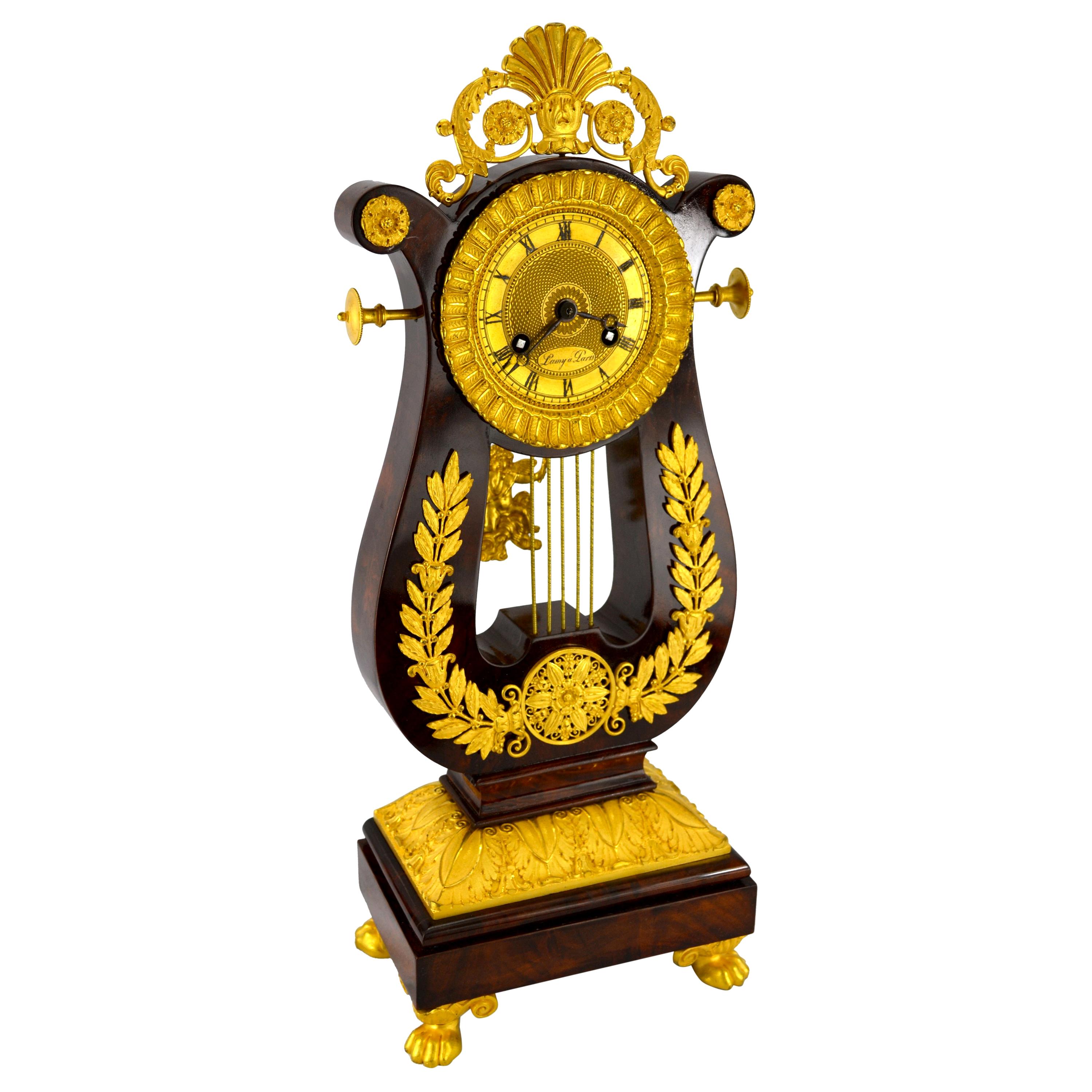  French Restauration Period Mahogany and Gilt Bronze Lyre Clock For Sale