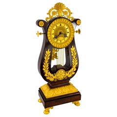 Antique French Restauration Period Mahogany and Gilt Bronze Lyre Clock