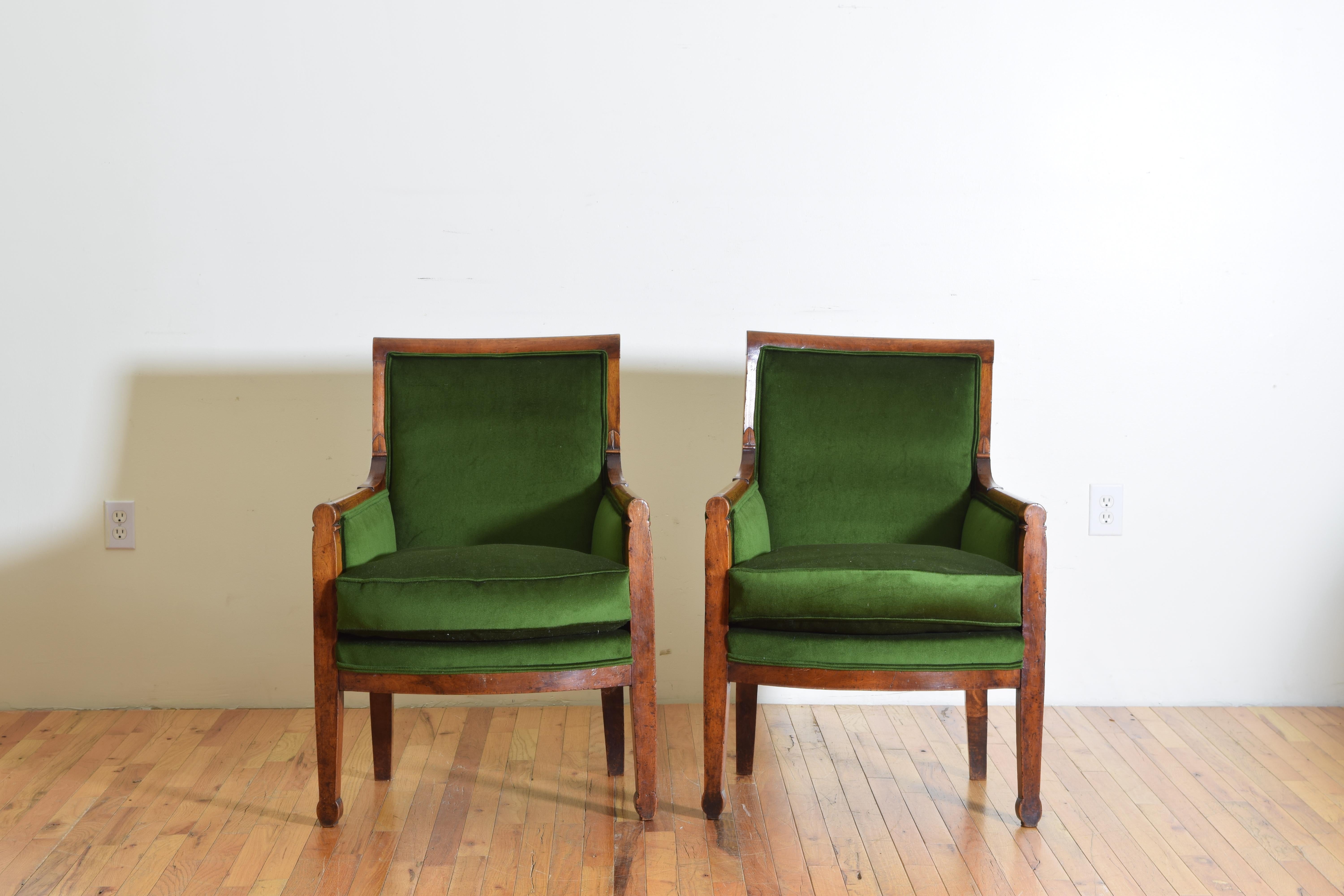 19th Century French Restauration Period Pair of Walnut and Upholstered Bergeres, circa 1825
