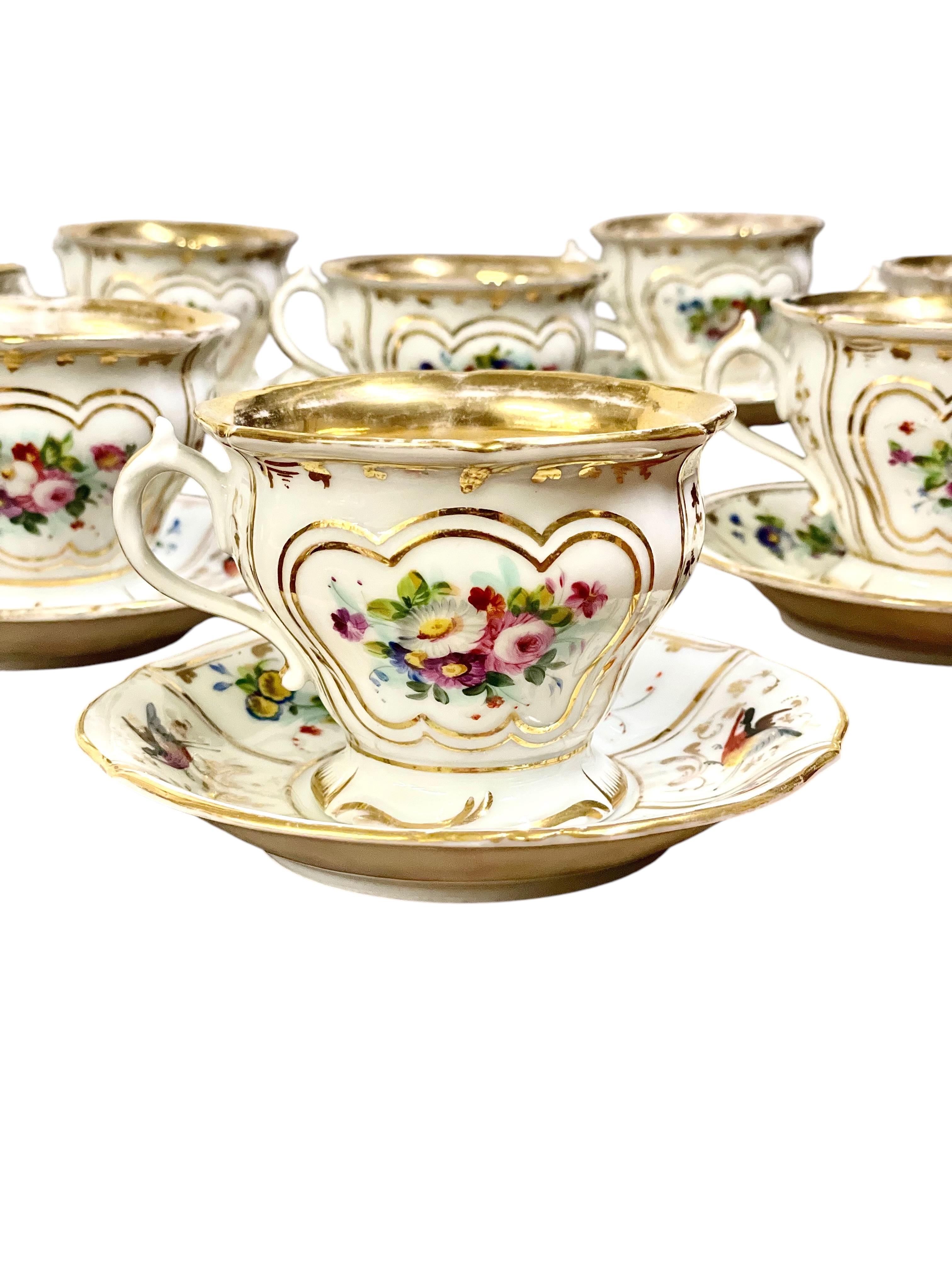 Gilt French Restauration Period Paris Porcelain Tea Set, Hand-Painted Gilded Accents For Sale