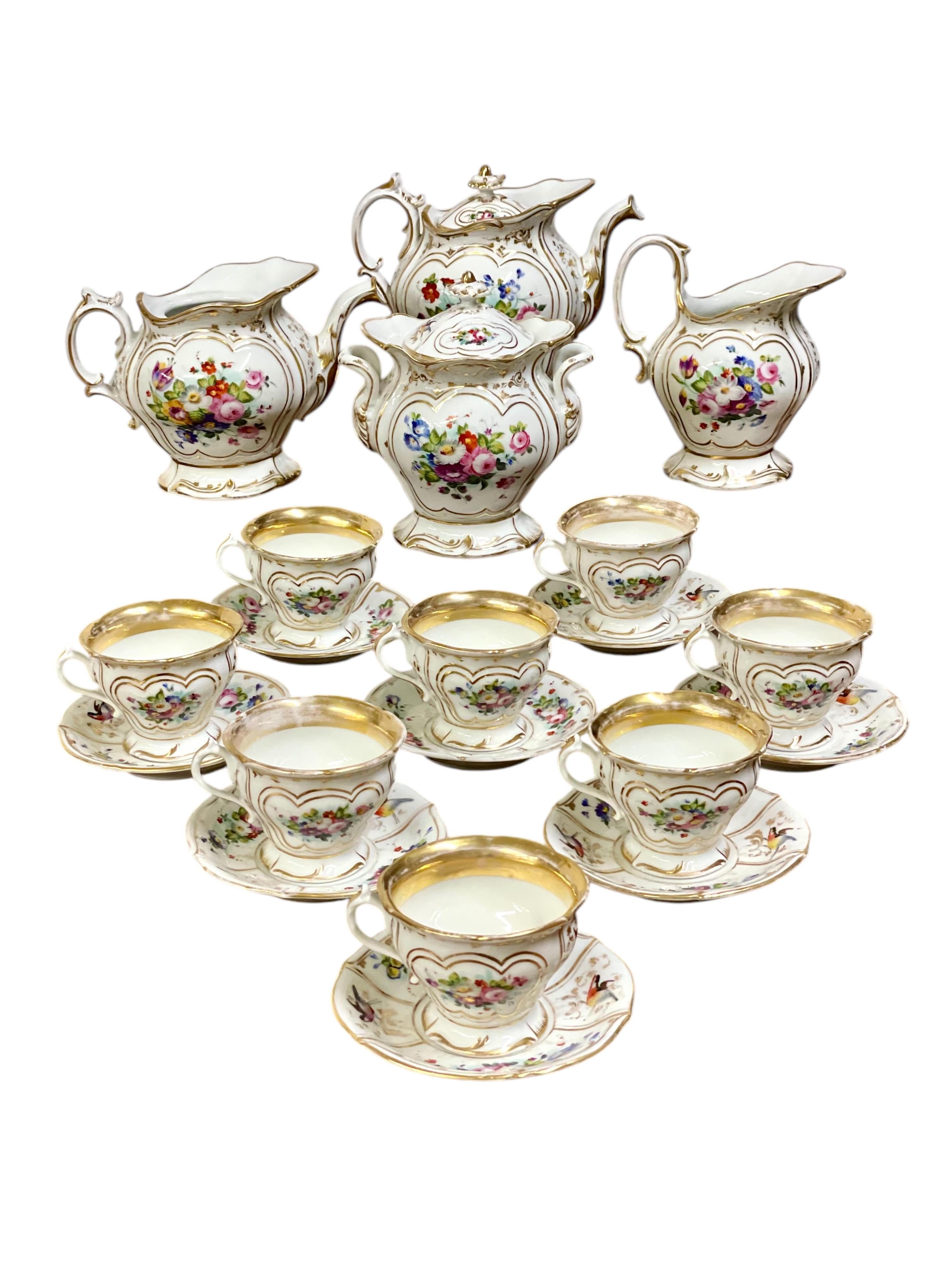 French Restauration Period Paris Porcelain Tea Set, Hand-Painted Gilded Accents For Sale 1