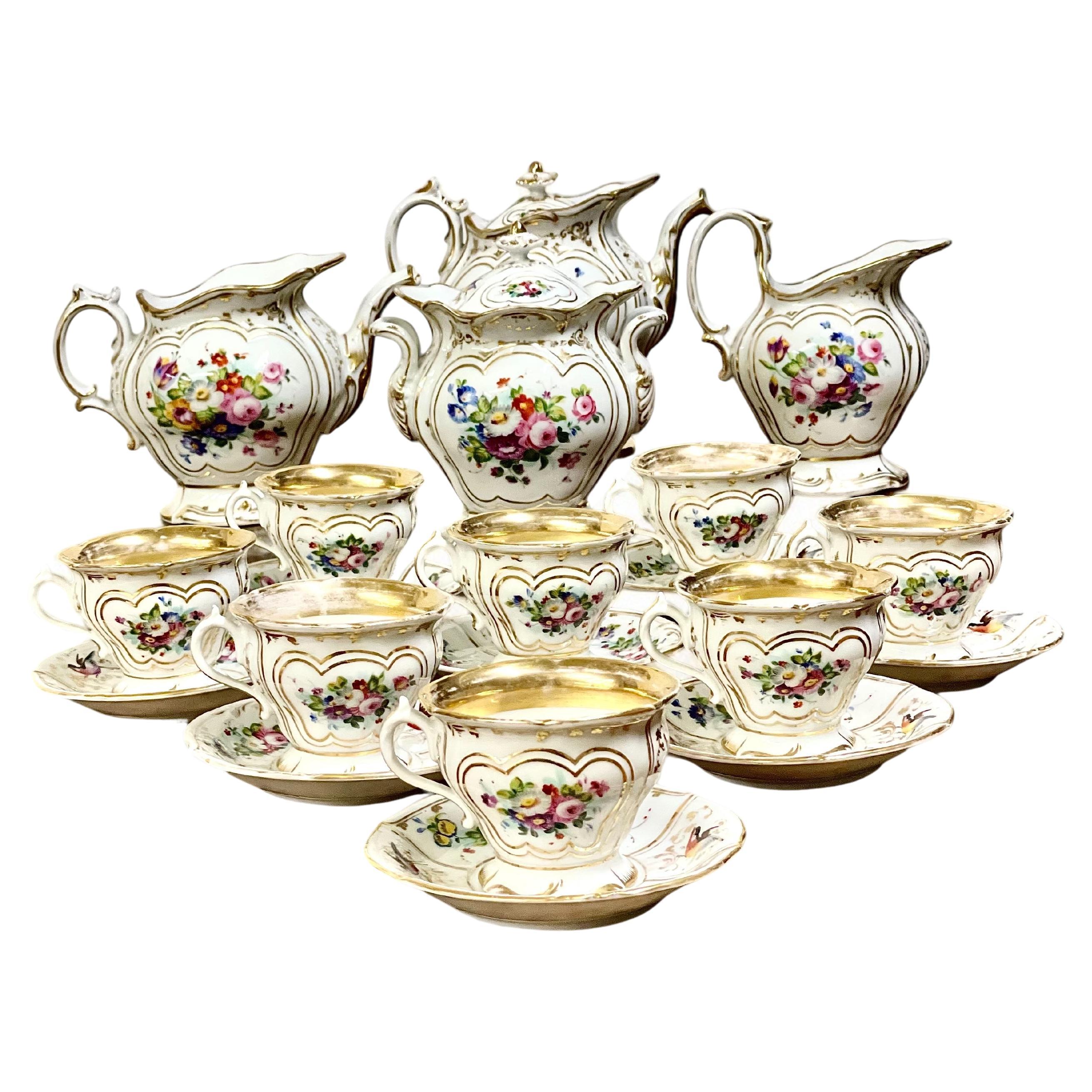French Restauration Period Paris Porcelain Tea Set, Hand-Painted Gilded Accents