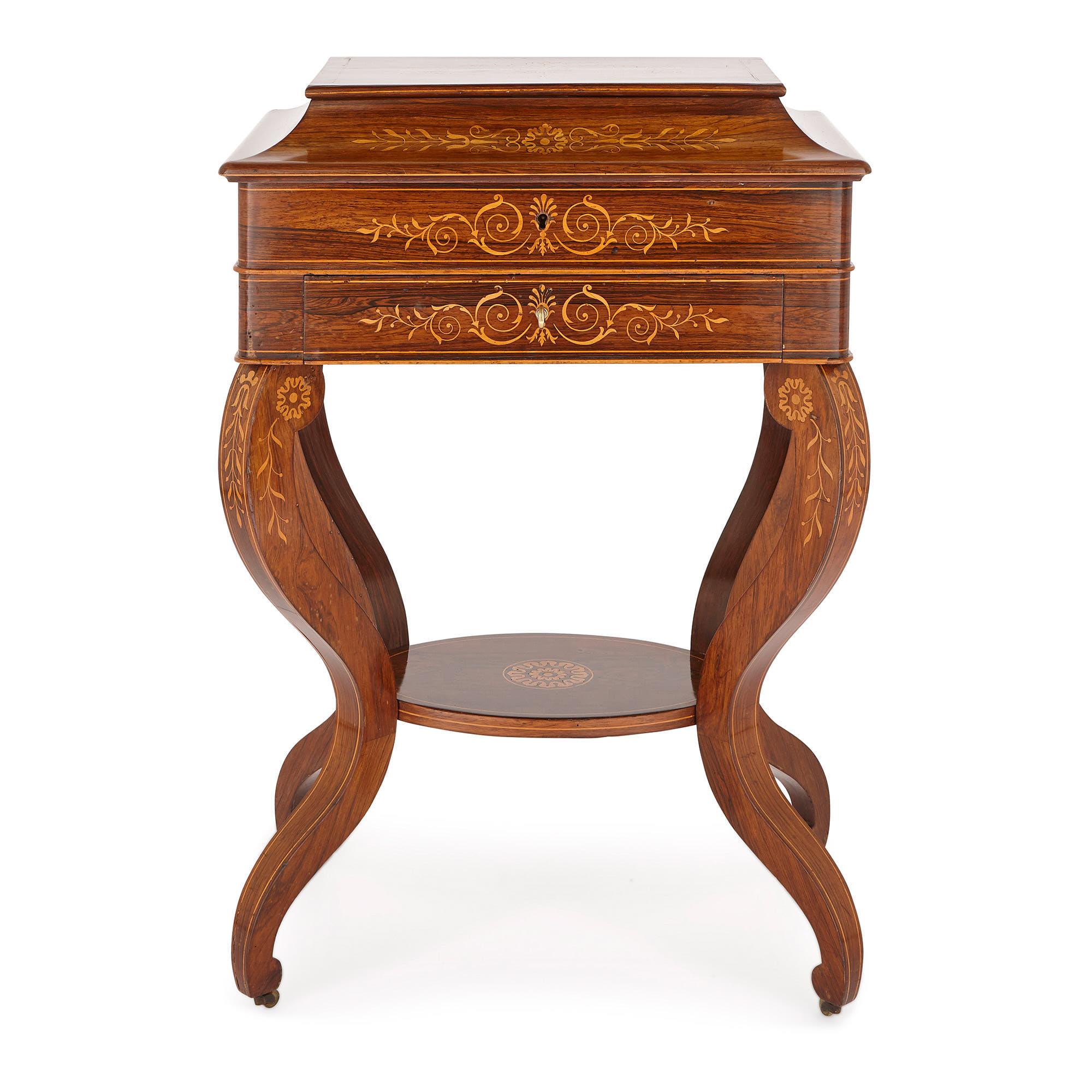 This cabinet was crafted in France at the end of the ‘Bourbon Restauration’ period. It is characteristically ‘Restauration’ in its style, with its curvaceous Neoclassical forms, and fine marquetry work. 

The cabinet is comprised of a two-storey