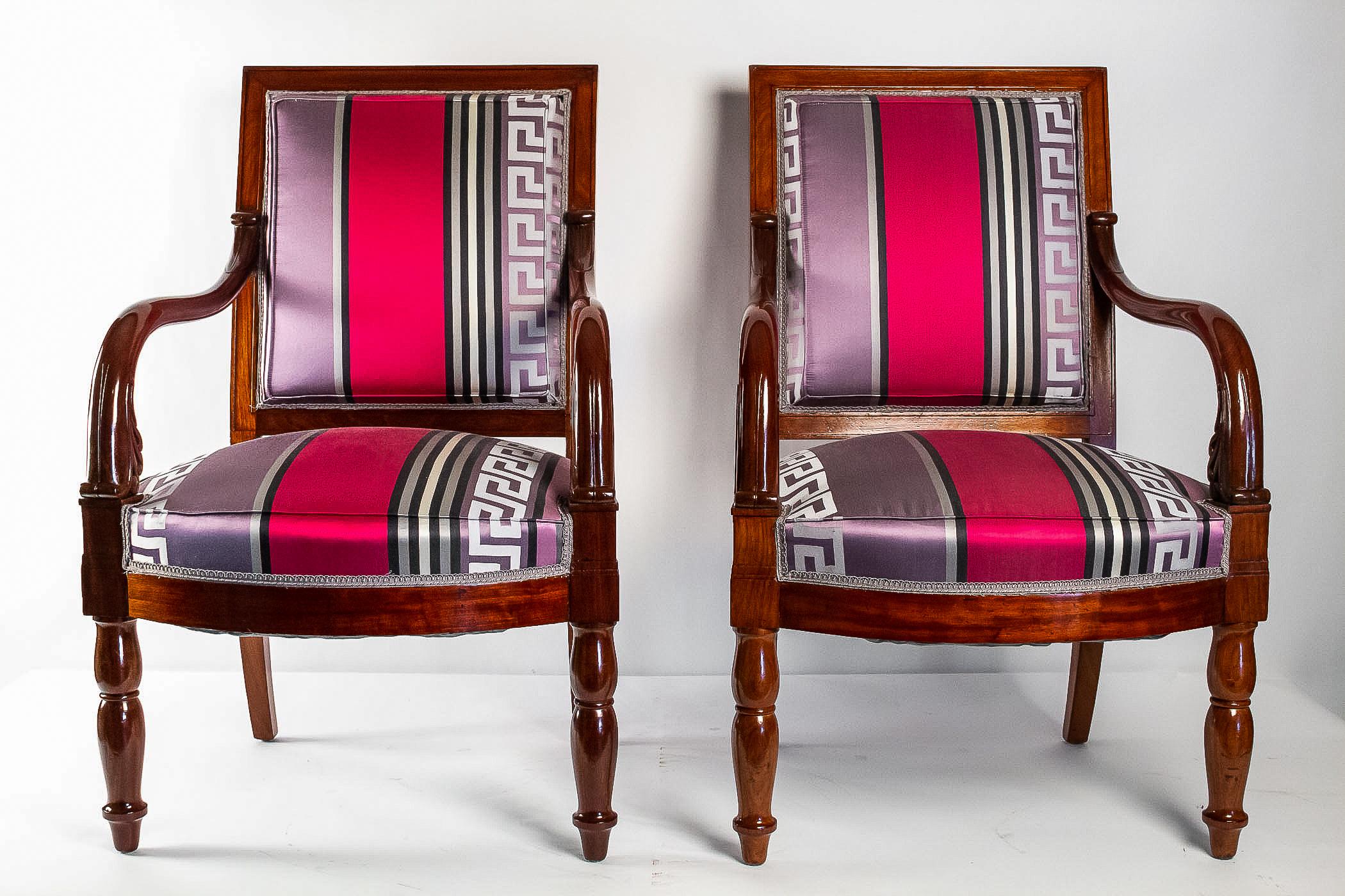 French Restauration period upholstered mahogany pair of armchairs, circa 1830

Stamped by Georges-Alphonse Jacob, circa 1830, beautiful French Restauration period, upholstered mahogany large pair of armchairs.
Our armchairs rest on Jacob's legs in